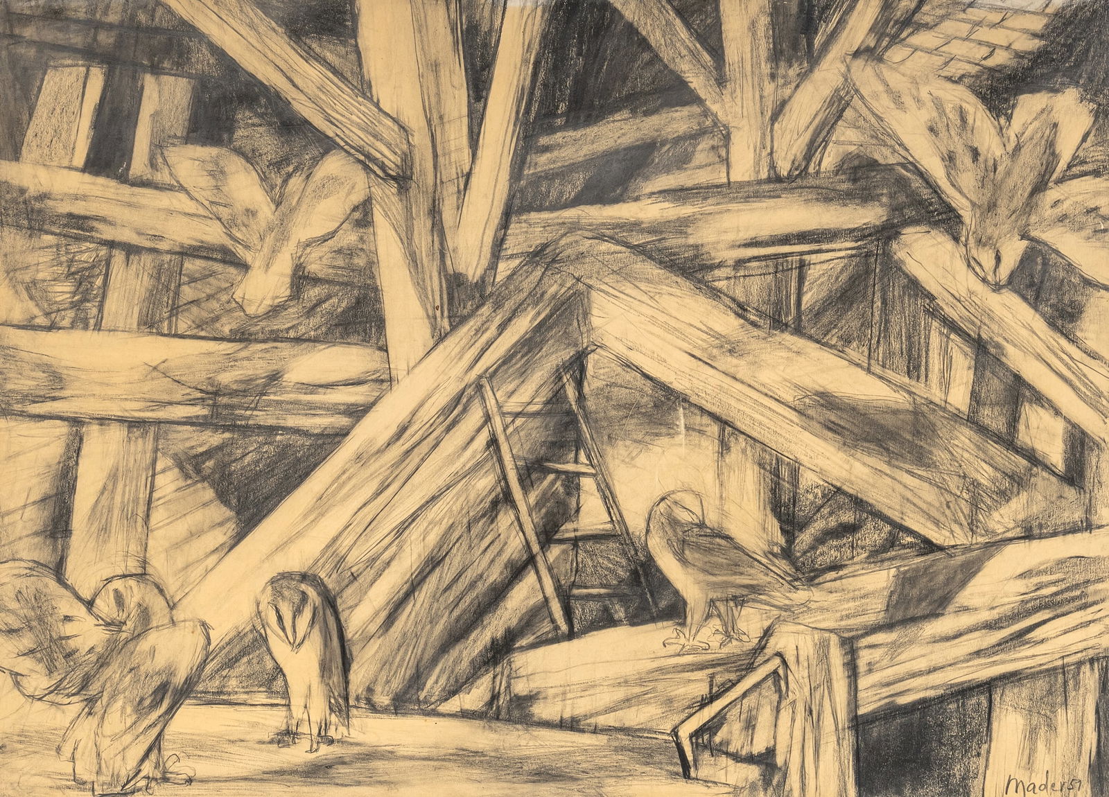 Mader, Joseph: Mader, Joseph Landshut, 1905 - 1982 44,5 x 62 cm, R. Owls under the roof, 1951. Graphite on paper. Signed and dated. Corporate collection, Bayern.Mader, Joseph Landshut, 1905 - 1982 44,5 x 62 cm, R.
