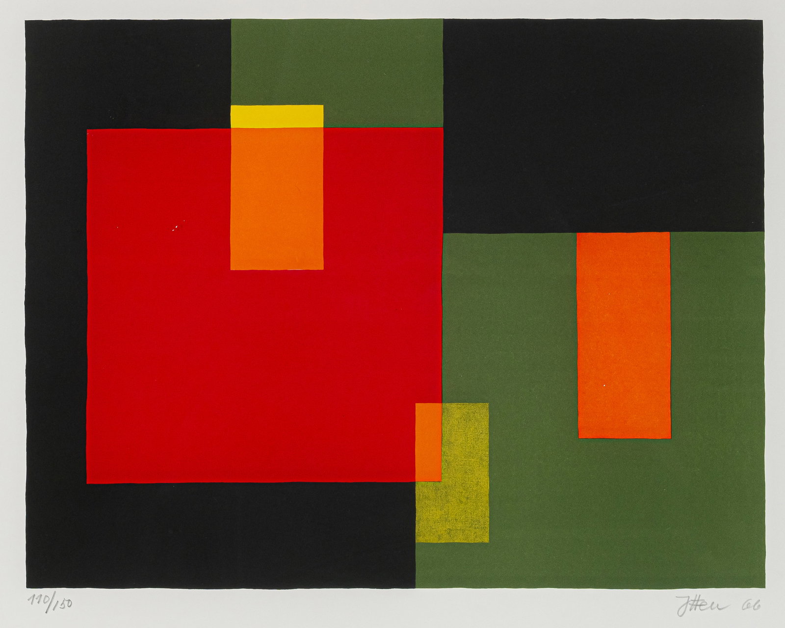 Itten, Johannes: Itten, Johannes Wachseldorn/Bern, 1888 - Zürich, 1967 34 x 44,2 cm, R. Grün-red-yellow composition, 1966. Lithograph on wove paper. Signed, dated and numbered 110/150. Corporate collection,