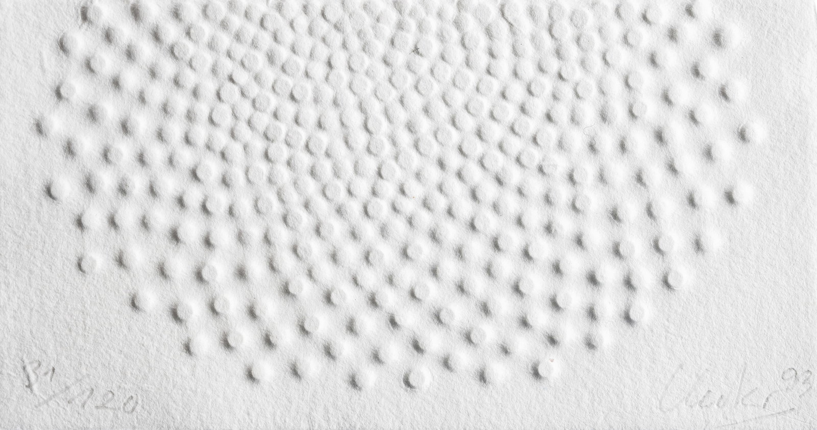 Uecker, Günther: Uecker, Günther Wendorf/Mecklenburg, 1930 - Düsseldorf, 2025 Blattgröße: 10,5 x 20,8 cm, o. R. Untitled, 1993. Embossed print on hand-made paper. Signed, dated and numbered