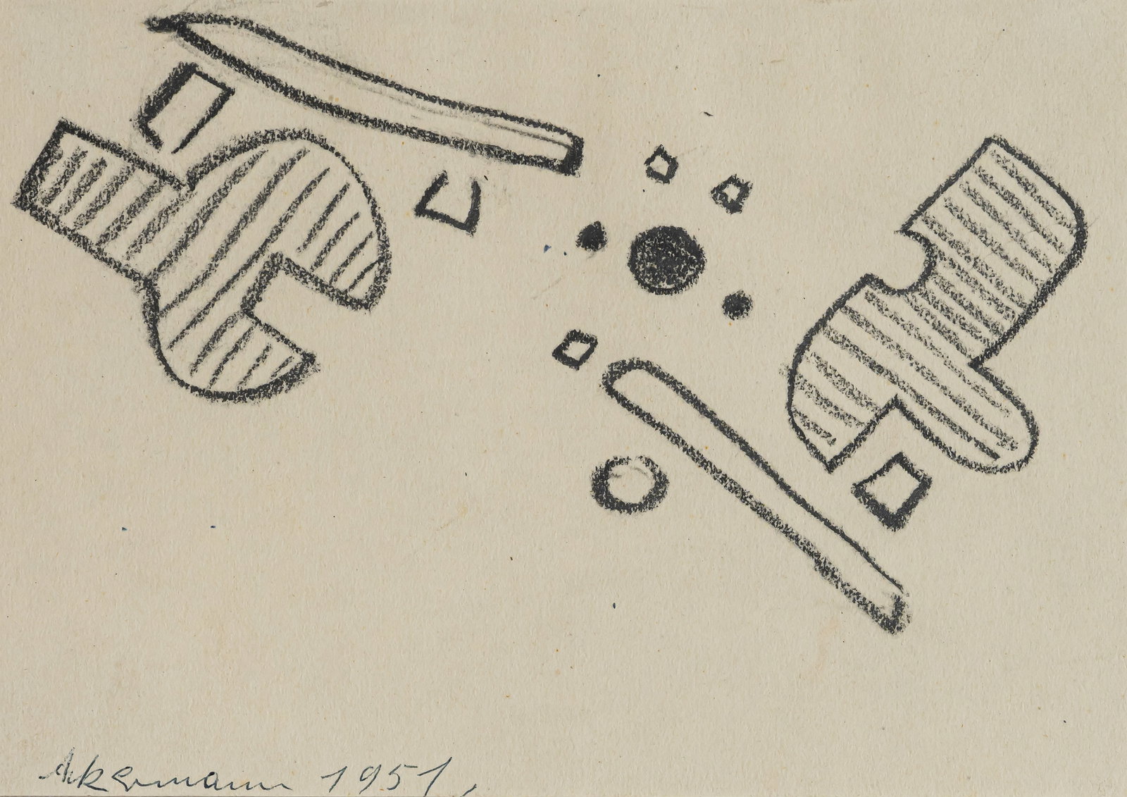 Ackermann, Max: Ackermann, Max Berlin, 1887 - Unterlengenhardt, 1975 13,5 x 18,5 cm, R. Forms, 1951. Charcoal on paper, mounted on paper. Signed and dated in ballpoint pen lower left. Private property,