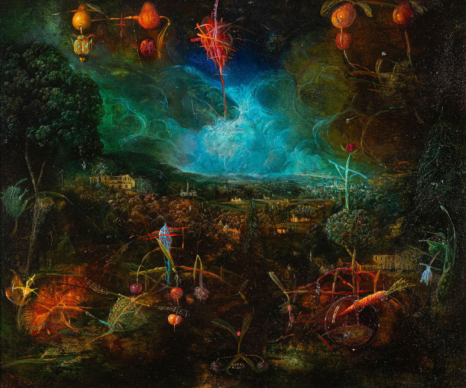 Rossí, Karel: Rossí, Karel Brünn, 1955 50 x 60 cm, R. Fantastic Landscape. Oil on wood. Signed in oil lower centre. Private collection, Baden-Württemberg.Rossí, Karel Brünn, 1955 50 x 60