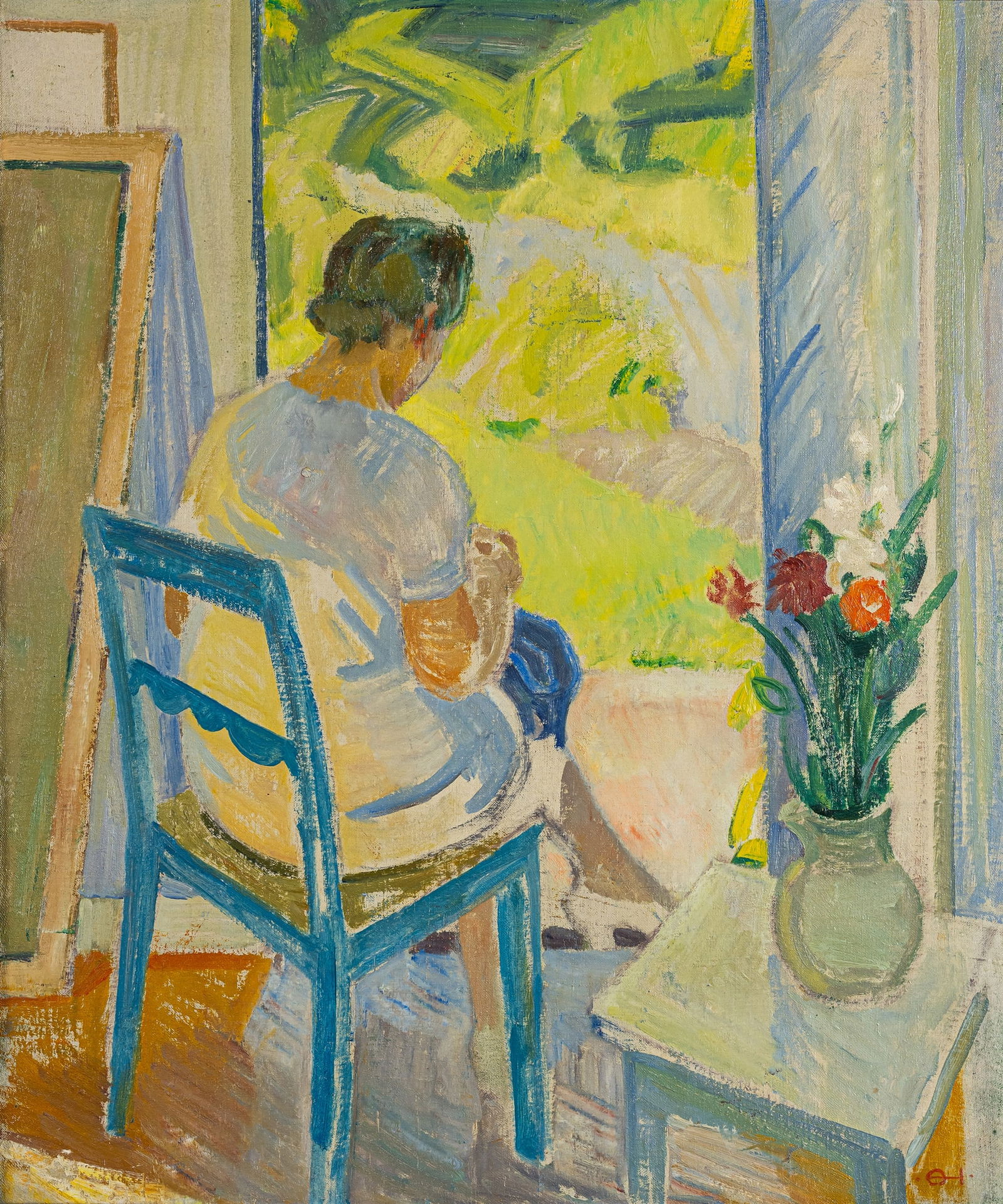 Ølund-Hansen, Edvard: Ølund-Hansen, Edvard Kopenhagen, 1887 - 1979 73 x 60 cm, R. Woman sewing at the window. Oil on canvas. Monogrammed. Private property, Belgium.Ølund-Hansen, Edvard Kopenhagen, 1887 - 1979 73