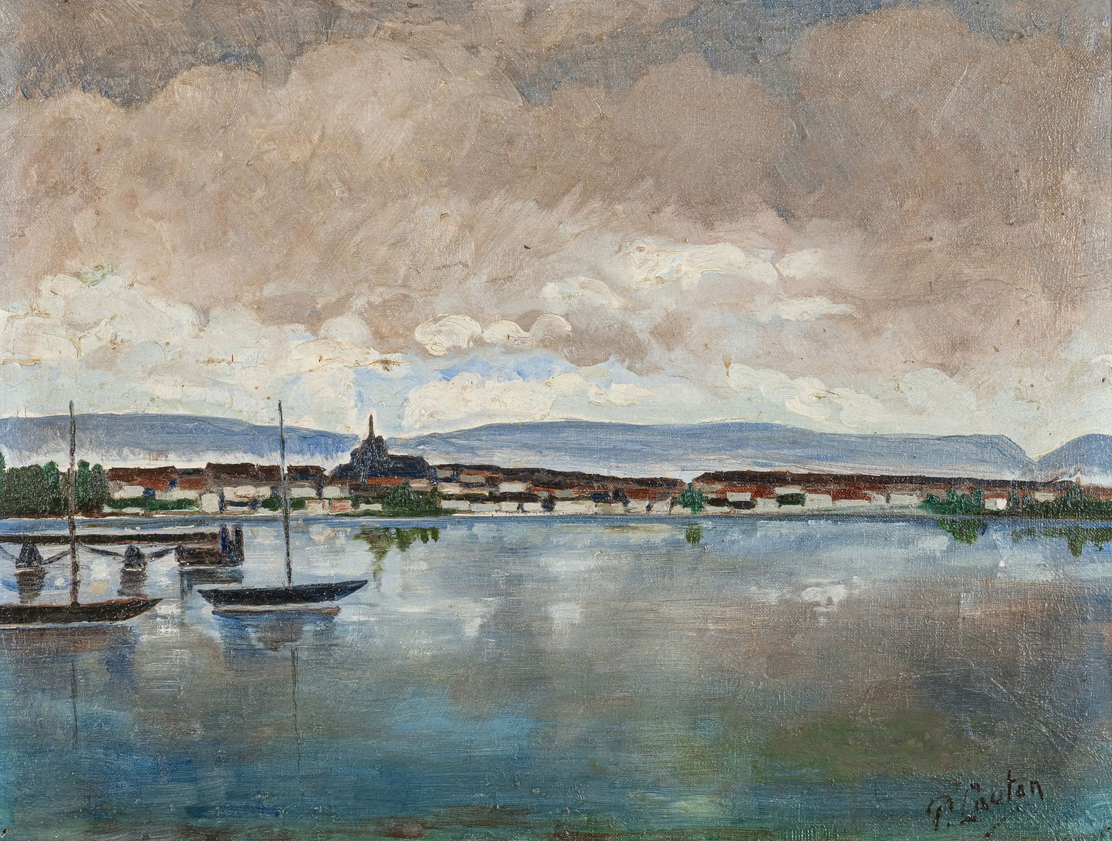 Loutan, P.: Loutan, P. 34 x 44 cm, R. Lake Geneva, 1958. Oil on canvas. Signed lower right and dated "Octobre 58" on the reverse. Private property, Baden-Württemberg.Loutan, P. 34 x 44 cm, R. Genfer See,