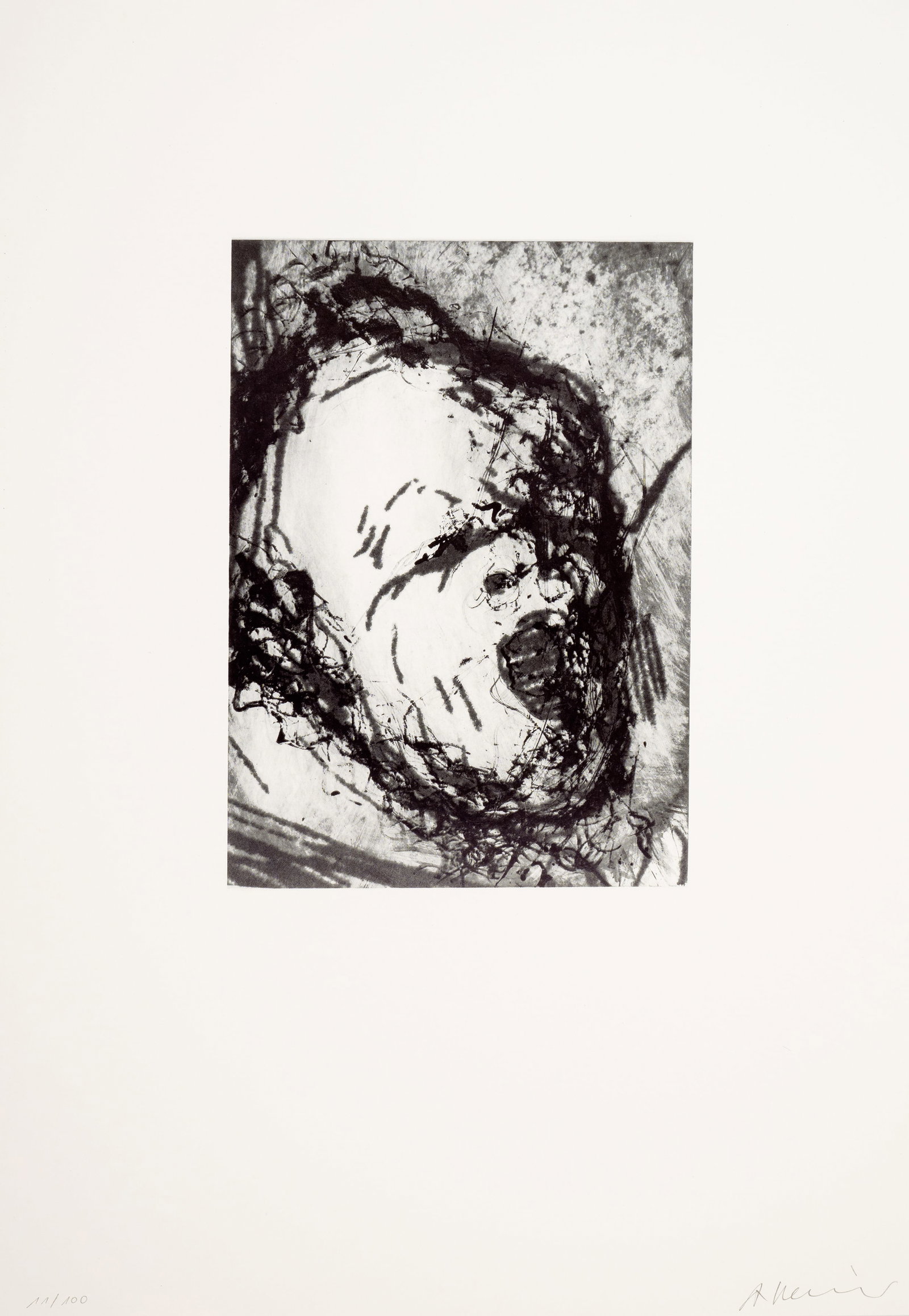 Rainer, Arnulf: Rainer, Arnulf Baden/Wien, 1929 Blattgröße: 50 x 35 cm; 24,3 x 17,2 cm, o. R. "Gesichter mit Goya", 1984. Offset on light cardboard. Signed and numbered 11/100. Private property,