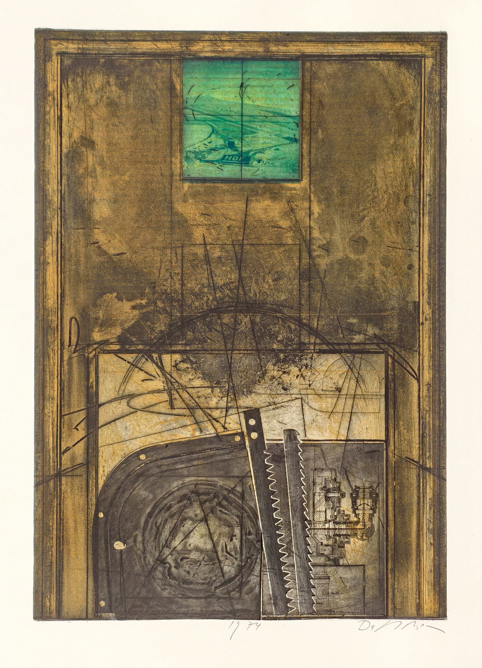 Dahmen, Karl Fred: Dahmen, Karl Fred Stolberg/Rheinland, 1917 - Preinersdorf/Chiemsee, 1981 Blattgröße: 70 x 50 cm, o. R. "Chiemgau - Legende, Quadrat - grün", 1974. Etching on wove paper. Signed and