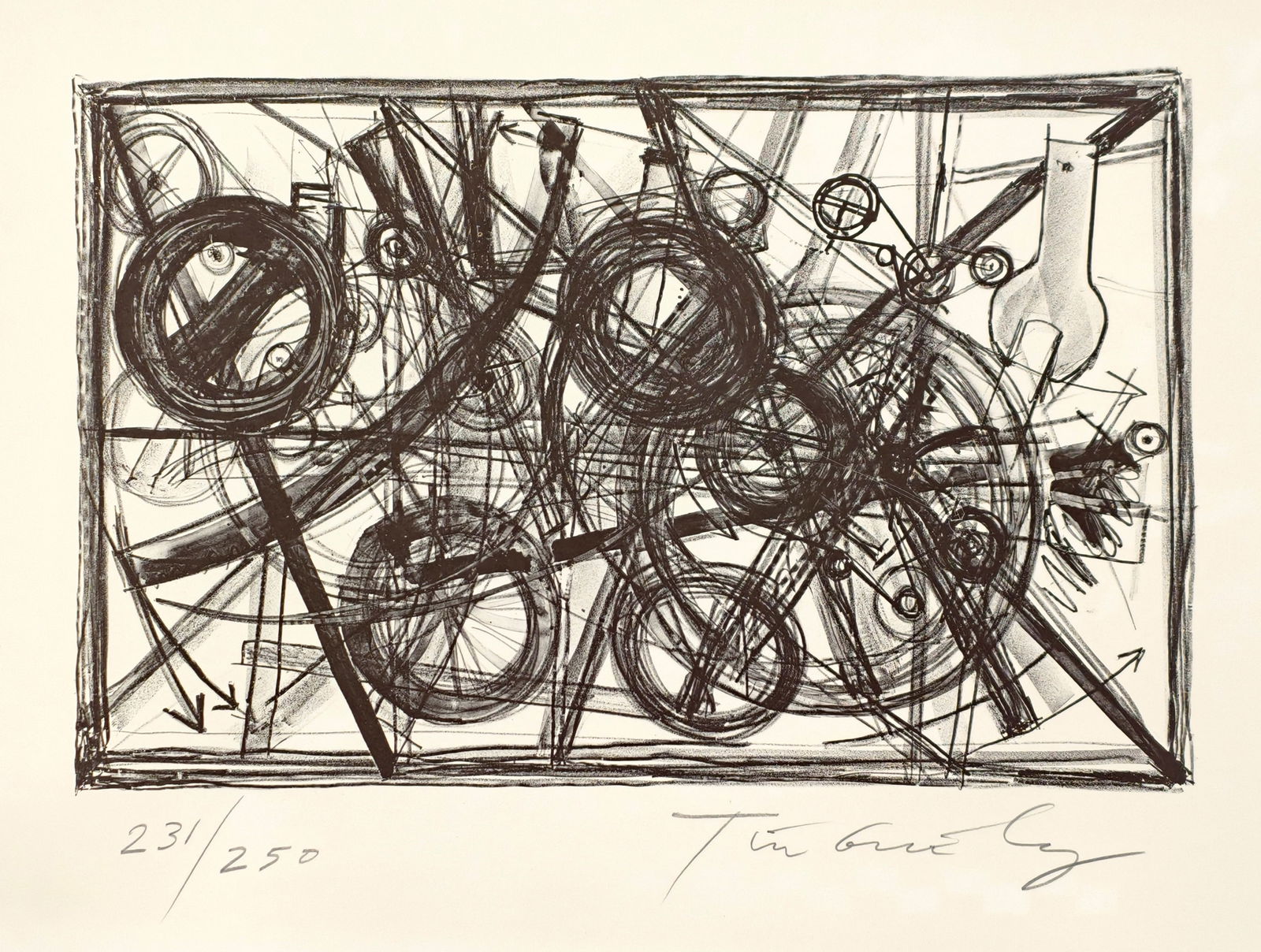 Tinguely, Jean: Tinguely, Jean Basel, 1925 - Bern, 1991 Blattgröße: 53,5 x 76,5 cm, o. R. Untitled. Lithograph on wove paper. Signed and numbered 231/250. Private property, Baden-Württemberg.Tinguely,