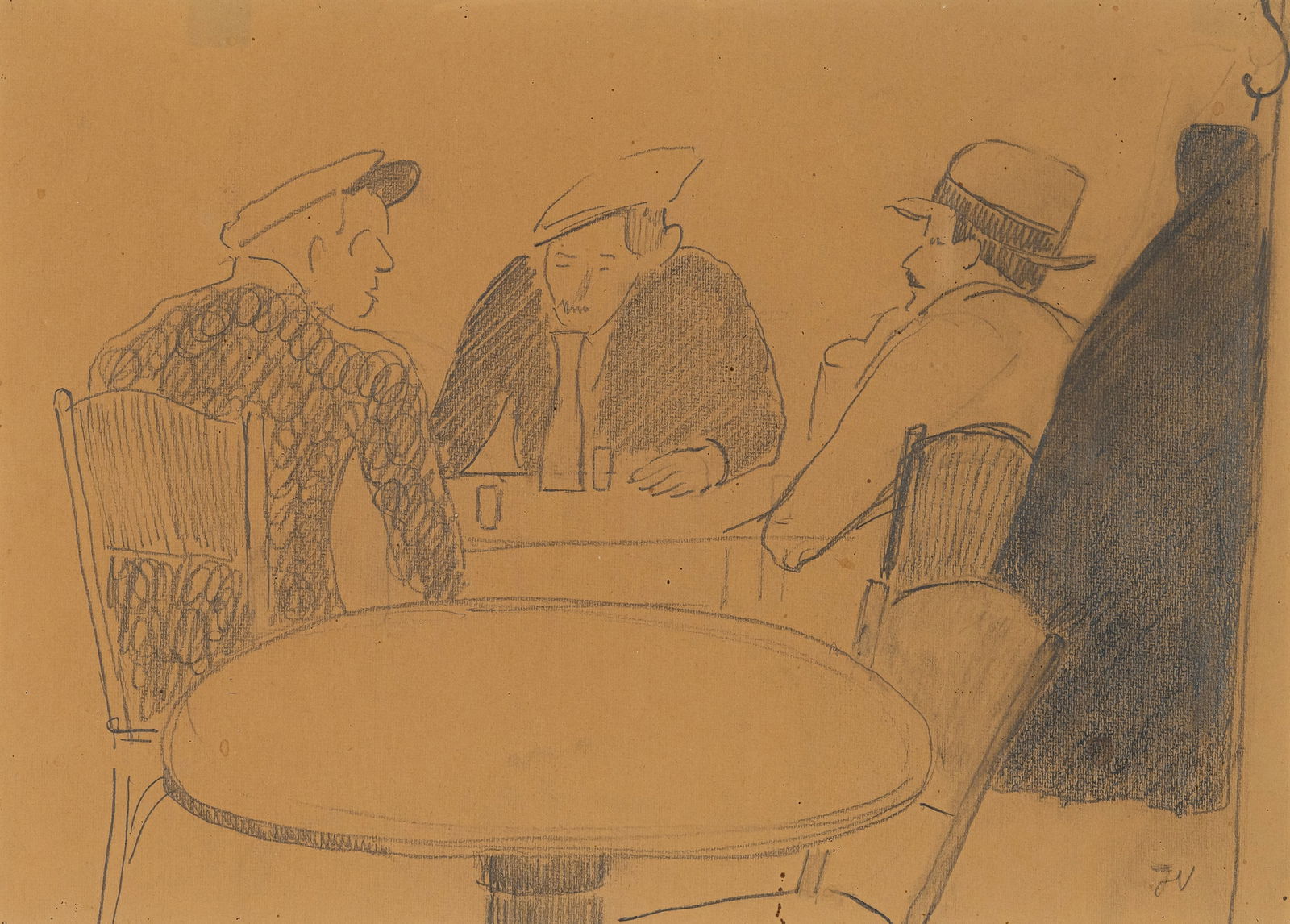 Verdier, Jean: Verdier, Jean Geneva, 1901 - 1969 27,5 x 38,5 cm, R. Men at the table, c. 1944. Pencil on paper. Monogrammed in pencil lower right, as well as signed and dedicated on the backing board. Private