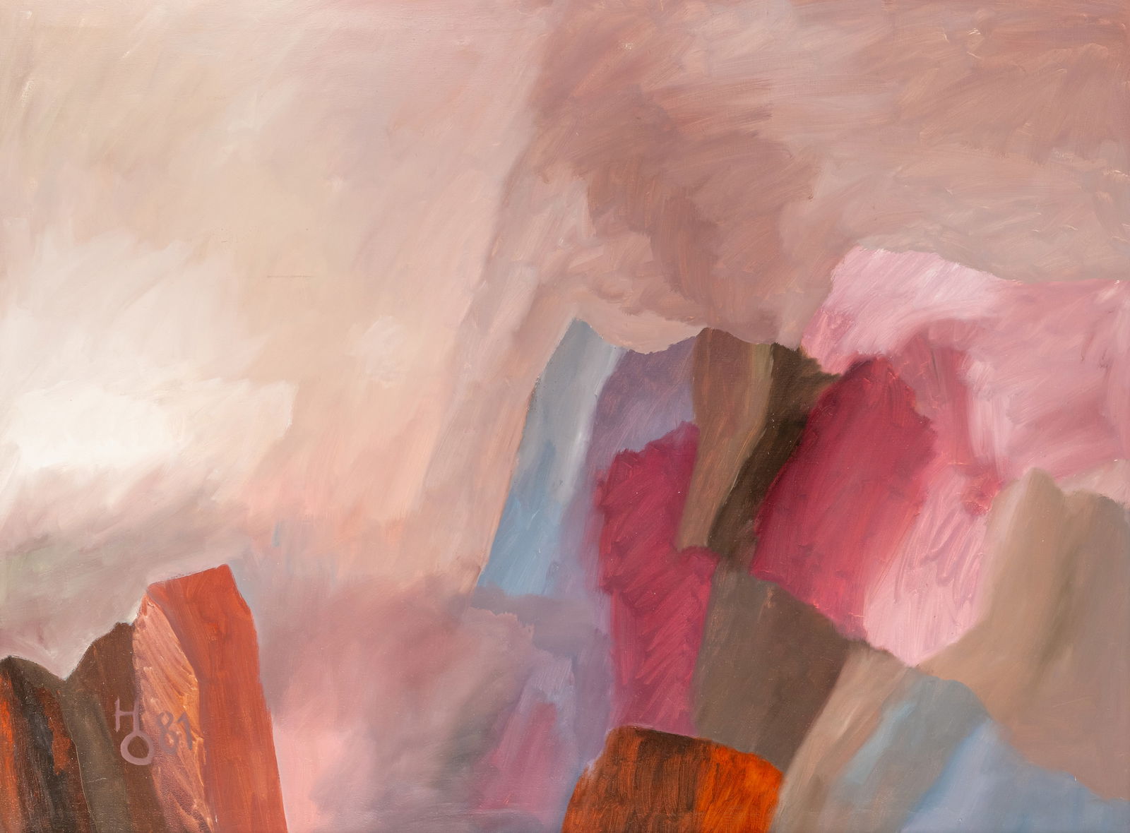 Ober, Hermann: Ober, Hermann Freilassing, 1920 - 1997 90 x 120 cm, R. Landscape, 1981. Oil on burlap. Monogrammed and dated. Corporate collection, Bayern.Ober, Hermann Freilassing, 1920 - 1997 90 x 120 cm, R.
