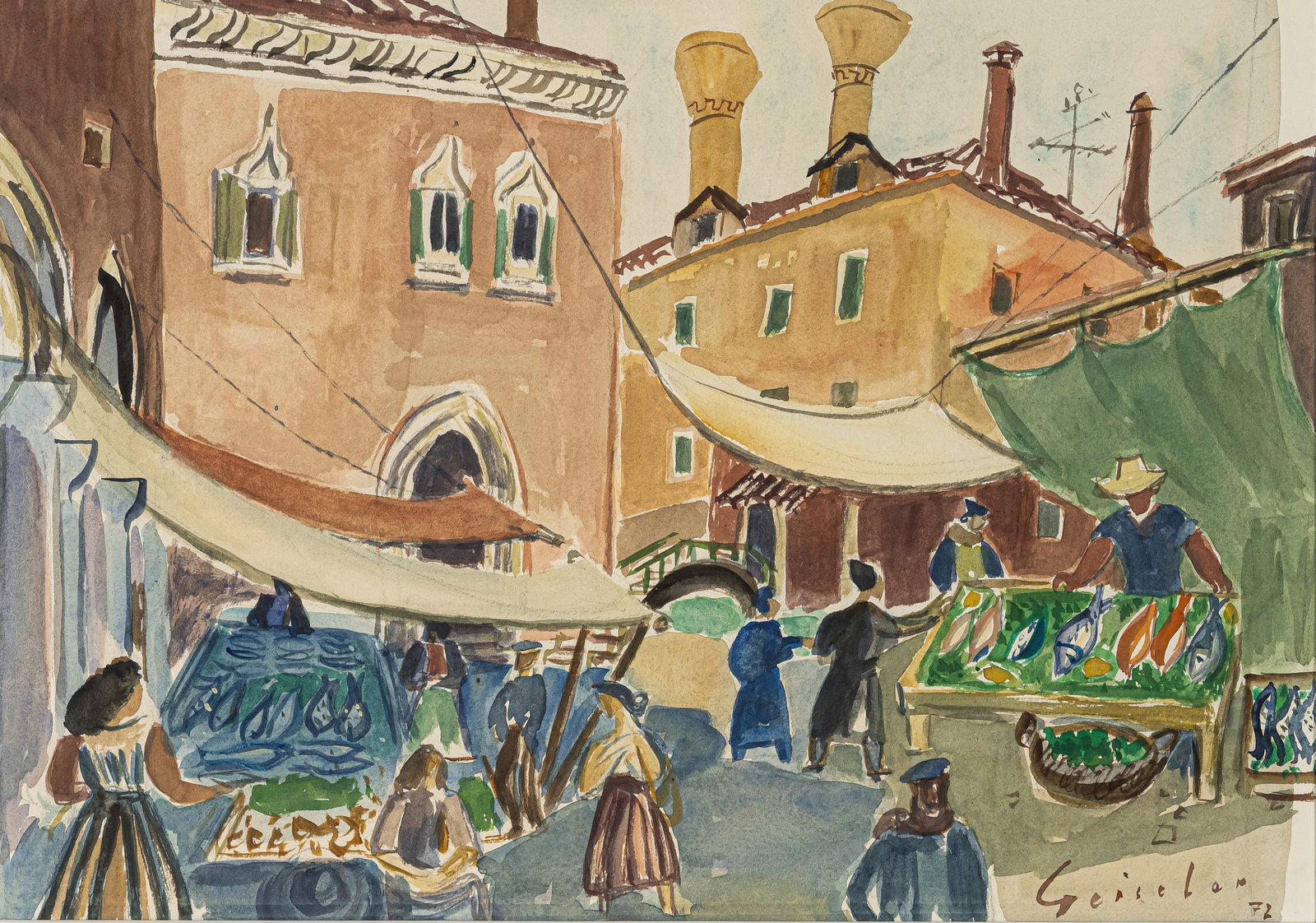 Geiseler, Hermann: Geiseler, Hermann Hamburg, 1903 - München, 1975 42,5 x 60 cm, R. Fish market in Venice, 1972. Watercolour on paper. Signed and dated. Corporate collection, Bayern.Geiseler, Hermann Hamburg, 1903