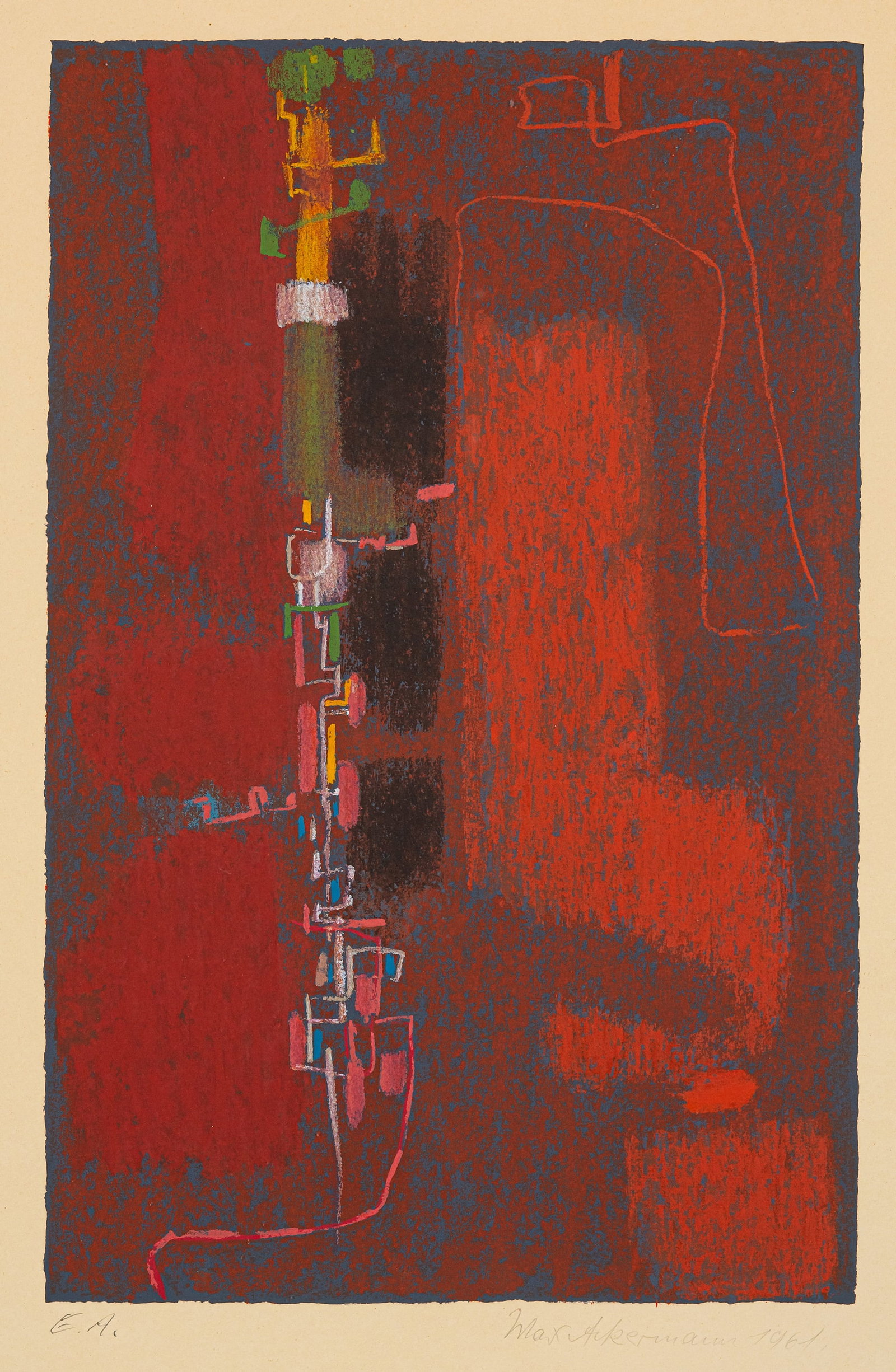 Ackermann, Max: Ackermann, Max Berlin, 1887 - Unterlengenhardt, 1975 49 x 31 cm, R. "Komposition in Rot", 1961. Silkscreen print on wove paper. Signed, dated and marked "E.A.". Bayer/Enßlin-List, S 6101. Private