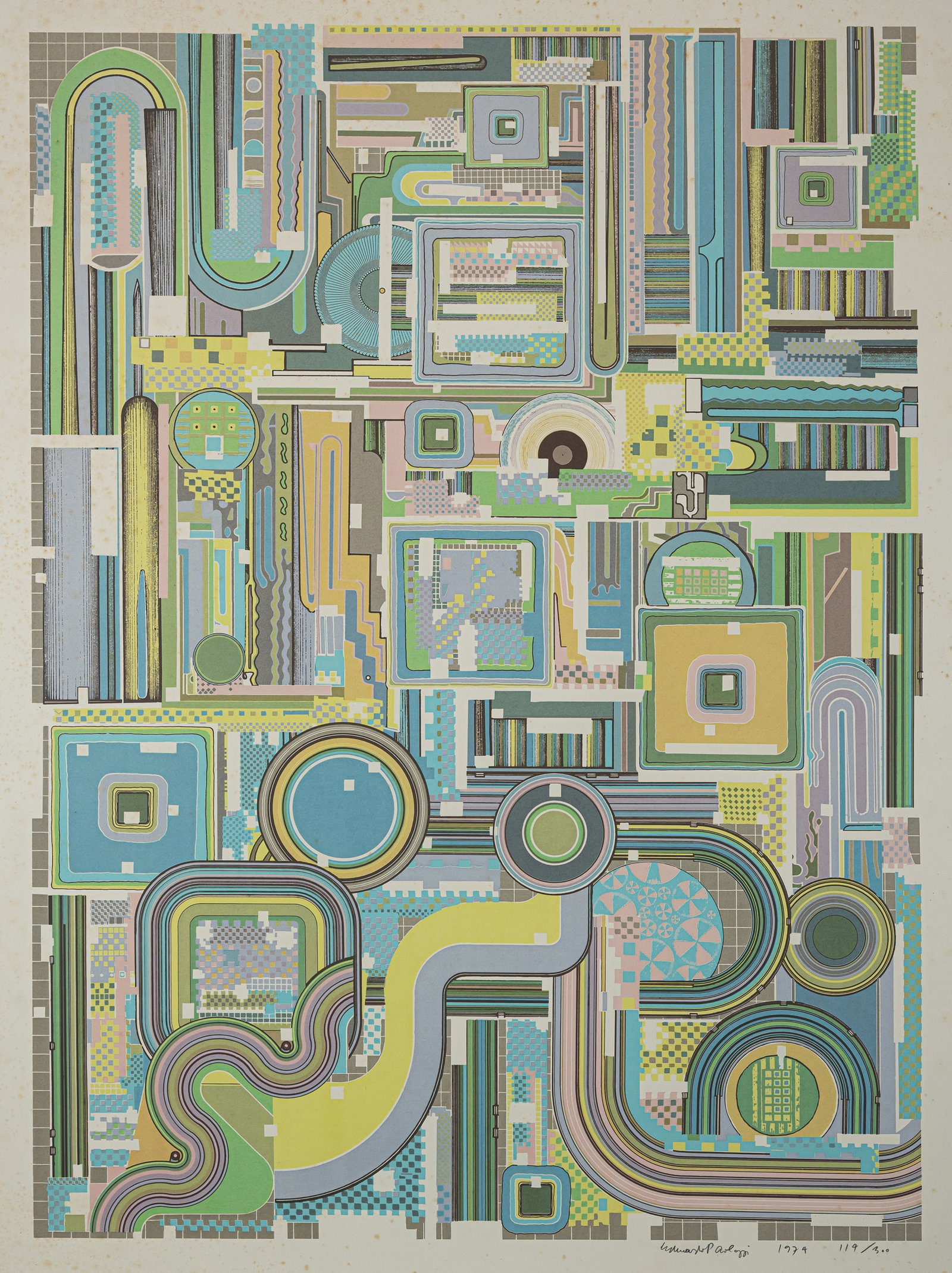 Paolozzi, Eduardo: Paolozzi, Eduardo Edinburgh, 1924 - London, 2005 Blattgröße: 43 x 62 cm / 94 x 69 cm 2 works: Untitled, 1961; 1974. Photolithograph and silkscreen print on wove paper. Both signed and