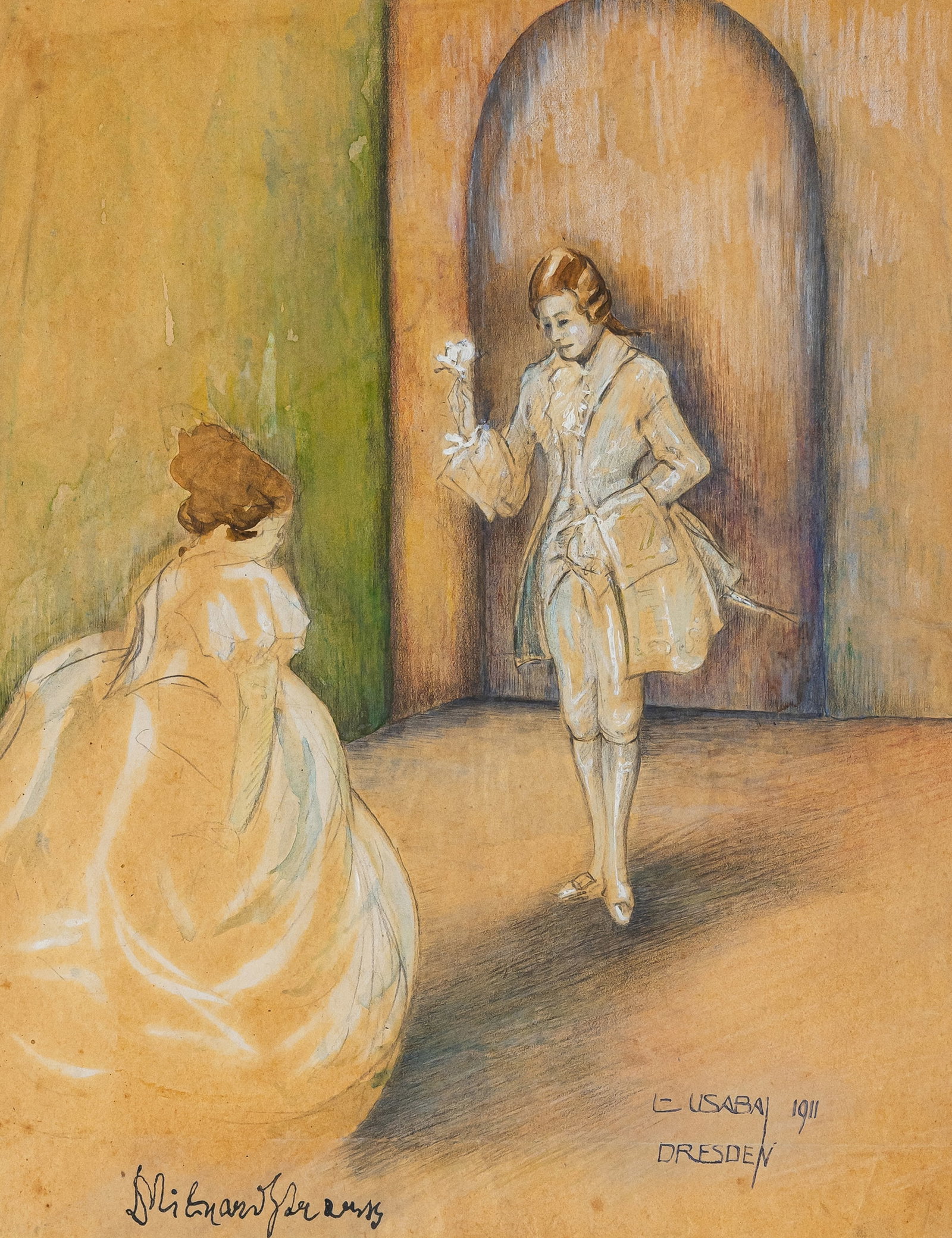 Usabal y Hernández, Luis Felipe: Usabal y Hernández, Luis Felipe Valencia, 1876 - 1937 26,5 x 20 cm, R. Presentation of the silver rose - Richard Strauss, 1911. Pencil and watercolour on parchment paper. Signed, dated and inscri