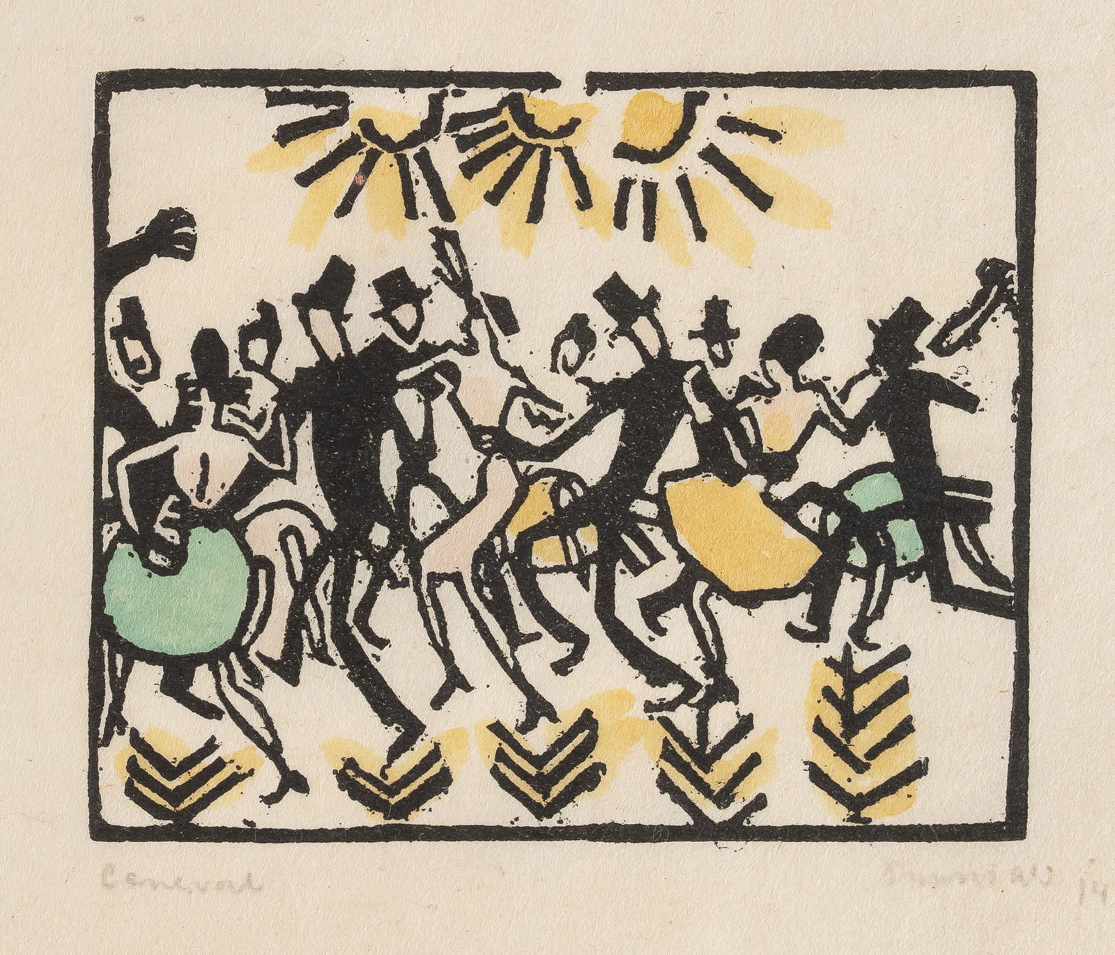 Seewald, Richard: Seewald, Richard Arnswalde/Neumark, 1889 - München, 1976 Blattgröße: 21,3 x 30,3 cm, o. R. "Karneval", 1914. Watercolour over woodcut on Japanese paper. Signed and dated in pencil