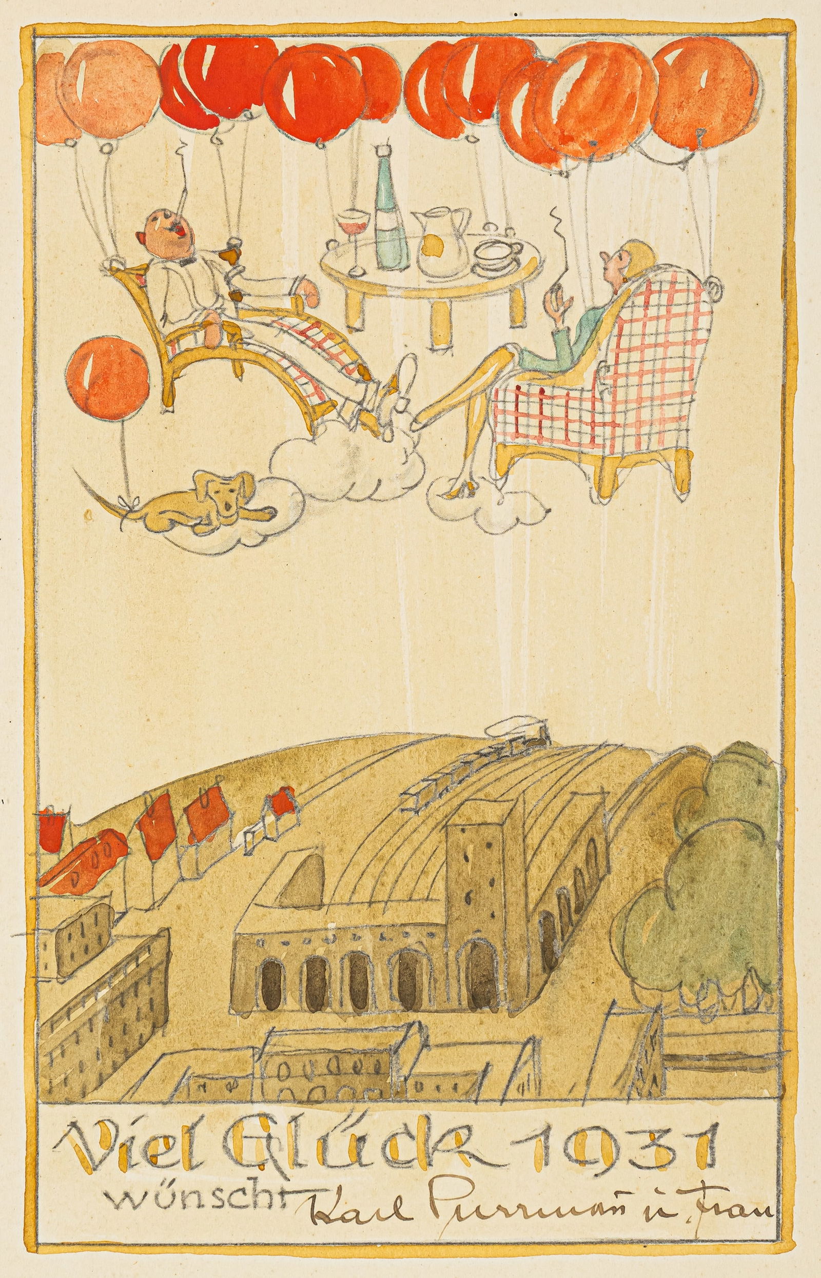 Purrmann, Karl: Purrmann, Karl Speyer 1877 - Stuttgart 1966 21,5 x 14 cm, R. "Viel Glück 1931", 1931. Watercolour and pencil on heavy paper. New Year's gretting. Signed in ink lower right. Private collection,