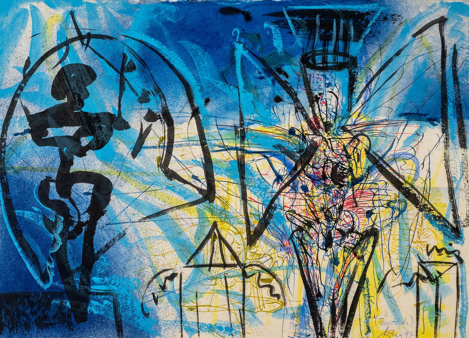 Dress, Andreas: Dress, Andreas Berlin, 1943 - Sebnitz, 2019 52 x 73 cm, o. R. "Flugstunde", 1997. Mixed media on Japanese paper. Signed and dated. Corporate collection, Germany.Dress, Andreas Berlin, 1943 - Sebnitz,
