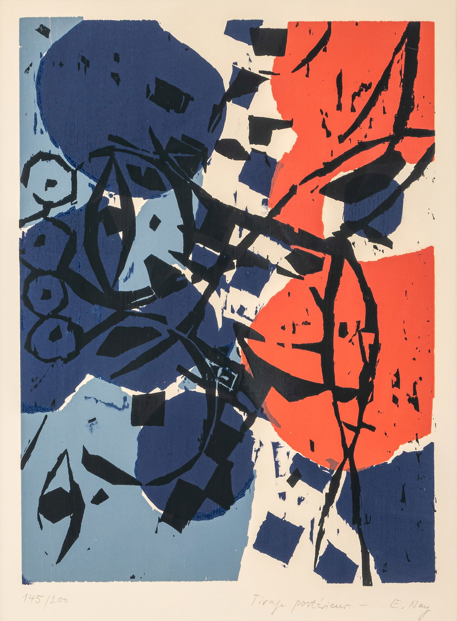 Nay, Ernst Wilhelm: Nay, Ernst Wilhelm Berlin, 1902 - Köln, 1968 48 x 35,3 cm, R. "C. G. Heise zum Geburtstag", 1965. Woodcut on wove paper. Inscribed "Tirage postérieur - E. Nay" and numbered 145/200. Gabler,