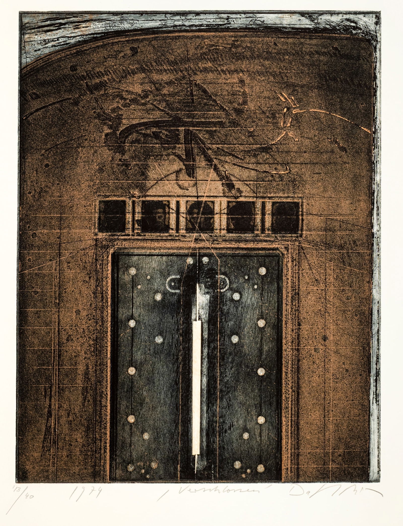 Dahmen, Karl Fred: Dahmen, Karl Fred Stolberg/Rheinland, 1917 - Preinersdorf/Chiemsee, 1981 Blattgröße: 77,5 x 53 cm; 38,5 x 29,5 cm, o. R. "Verschlossen", 1974. Etching on wove paper. Signed, dated and