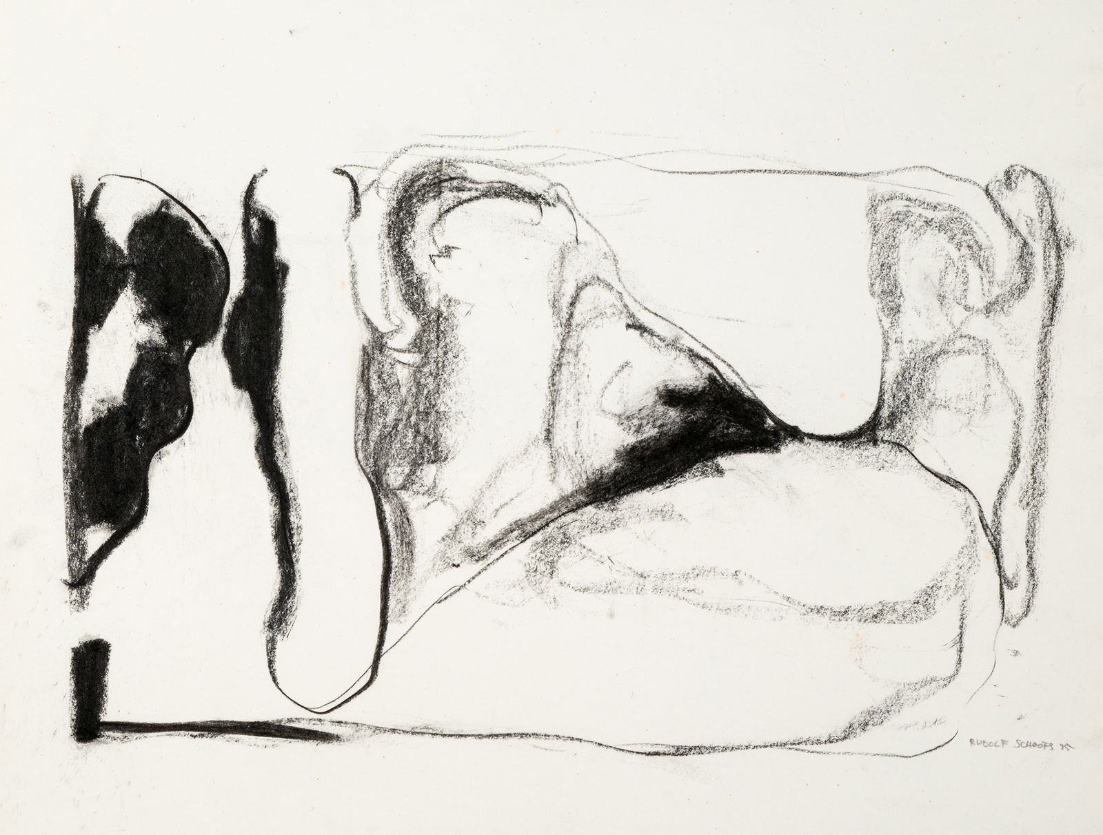 Schoofs, Rudolf: Schoofs, Rudolf Goch, 1932 - Stuttgart, 2009 Blattgröße: 44 x 56 cm, o. R. Untitled, 1995. Charcoal on Japanese paper. Signed and dated. Collection, Nordrhein-Westfalen.Schoofs, Rudolf