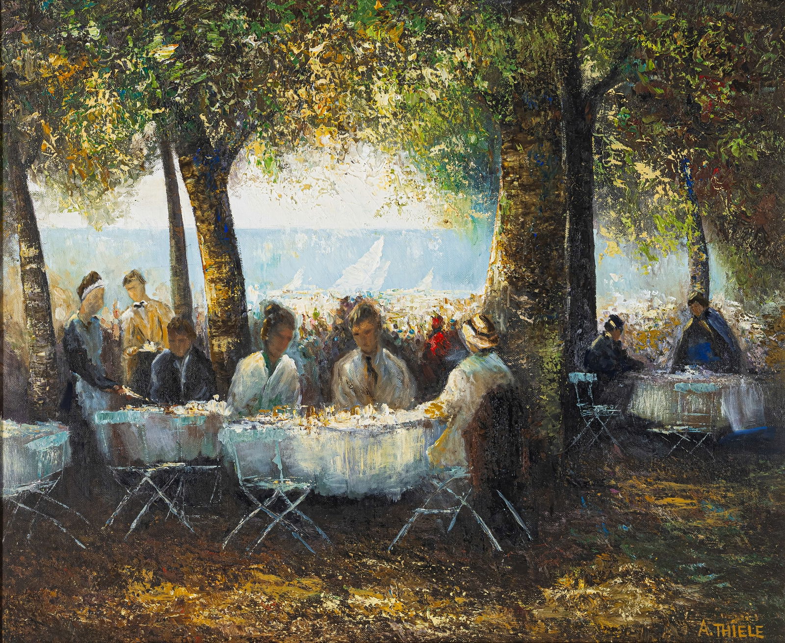Thiele, Alexander: Thiele, Alexander München, 1924 50 x 60 cm, R. "Biergarten am Starnberger See". Oil on canvas. Signed in oil lower right. Corporate collection, Bayern.Thiele, Alexander München, 1924 50 x