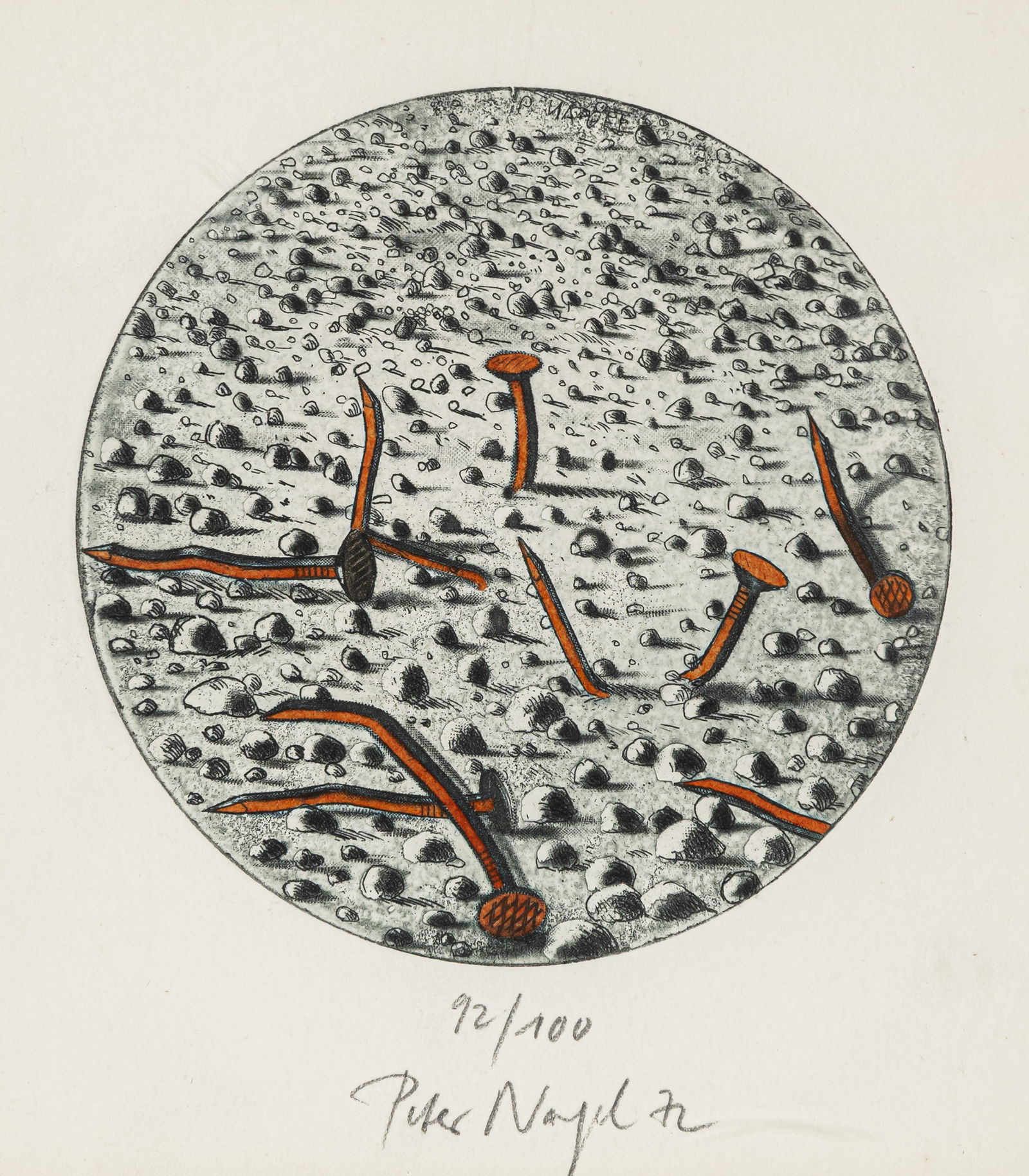 Nagel, Peter: Nagel, Peter Kiel, 1941 17,5 x 16,5 cm, R. Untitled, 1972. Colour etching on wove paper. Signed, dated and numbered 92/100 in pencil lower centre. Private property, Nordrhein-Westfalen.Nagel, Peter