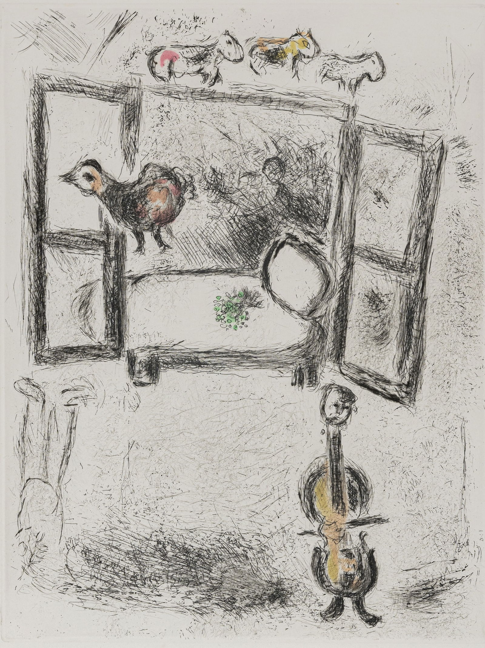 Chagall, Marc: Chagall, Marc Witebsk, 1887 - Saint-Paul-de-Vence, 1985 39,2 x 29,8 cm, R. Untitled, 1975. Watercolour over etching on wove paper from the series "Celui qui dit les choses sans rien dire". Publisher: