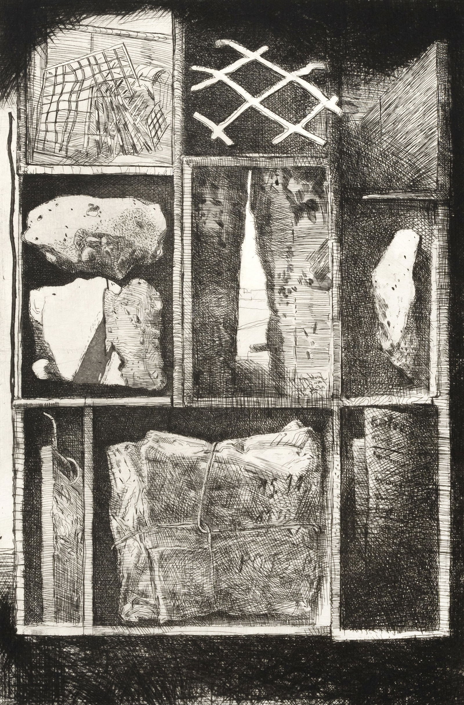 Stelzmann, Volker: Stelzmann, Volker Dresden, 1940 Blattgröße: 76 x 55 cm; 49,2 x 32,6 cm, o. R. "Berliner Schrein", 1990. Etching on wove paper. Signed and dated in pencil lower right, titled lower centre