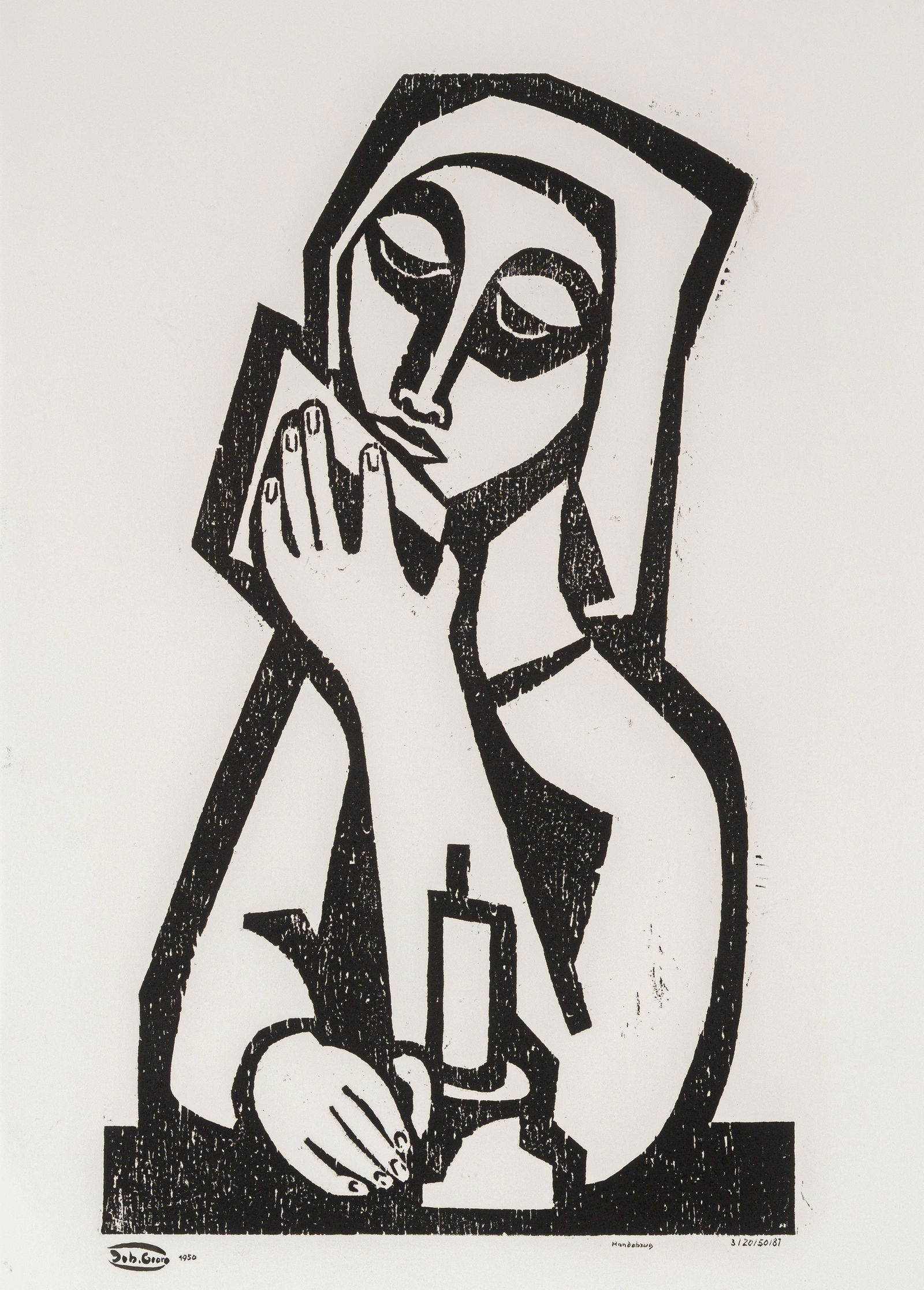 Müller, Johann Georg: Müller, Johann Georg Ludwigshafen, 1913 - Koblenz, 1986 Blattgröße: 49,9 x 31,7 cm, R. Woman with hood and candle, 1950/81. Woodcut on wove paper. With estate stamp, marked