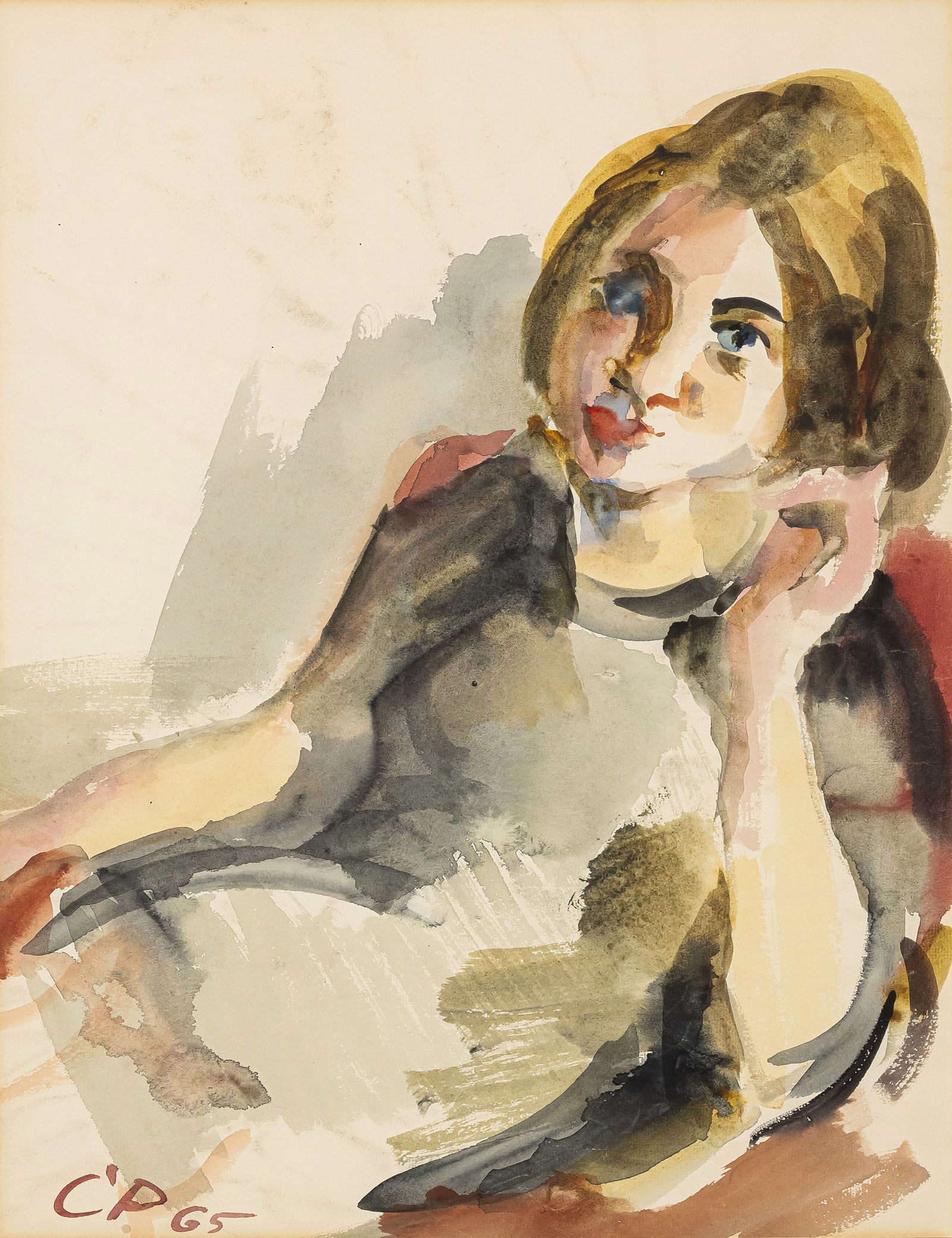 Ploughman, Carl: Ploughman, Carl Ulm, 1905 - Saulgau, 1998 50,5 x 40 cm, R. Seated girl, 1965. Watercolour on wove paper. Monogrammed and dated. Private property, Baden-Württemberg.Pflüger, Carl Ulm, 1905 -
