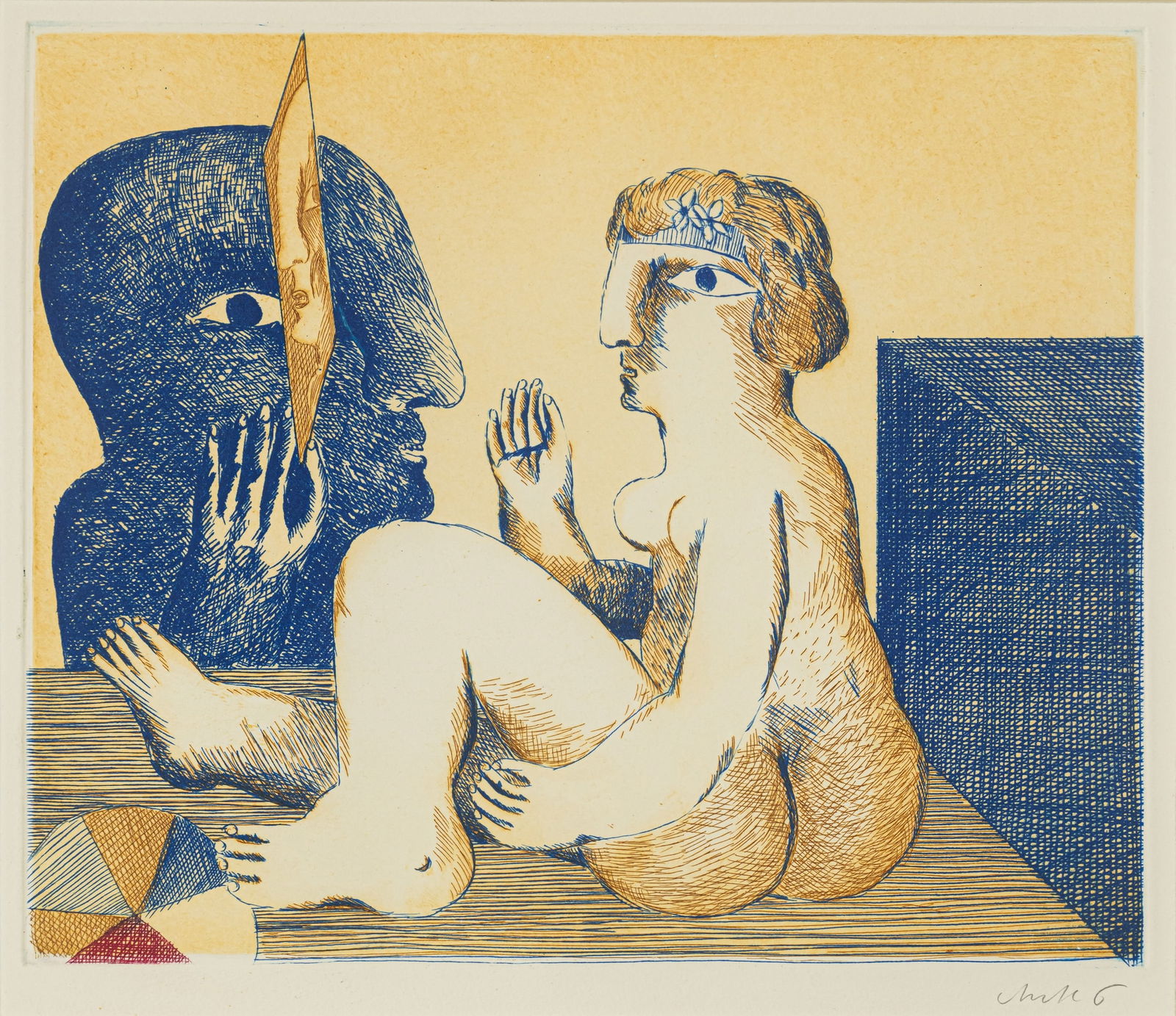 Antes, Horst: Antes, Horst Heppenheim, 1936 20,5 x 24,5 cm, R. Couple, c. 1966. Colour etching on wove paper. Signed in pencil lower right. Private property. Baden-Württemberg.Antes, Horst Heppenheim, 1936 20,