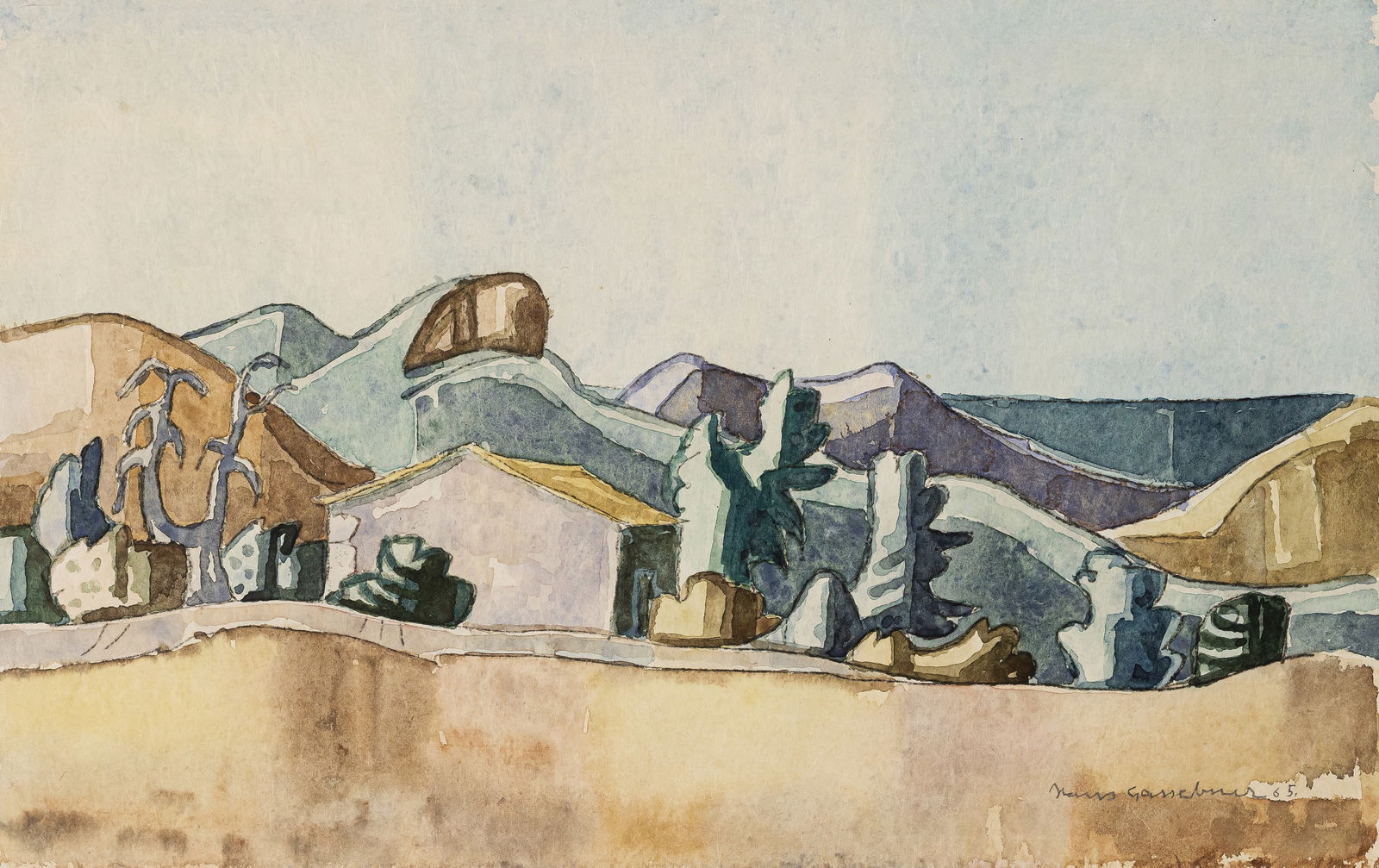 Gassebner, Hans: Gassebner, Hans Blaubeuren, 1902 - Löwenstein/Heilbronn, 1966 33,5 x 51,5 cm, R. Landscape, 1965. Watercolour on Japanese paper. Signed and dated. Private property, Baden-Württemberg.Gassebn
