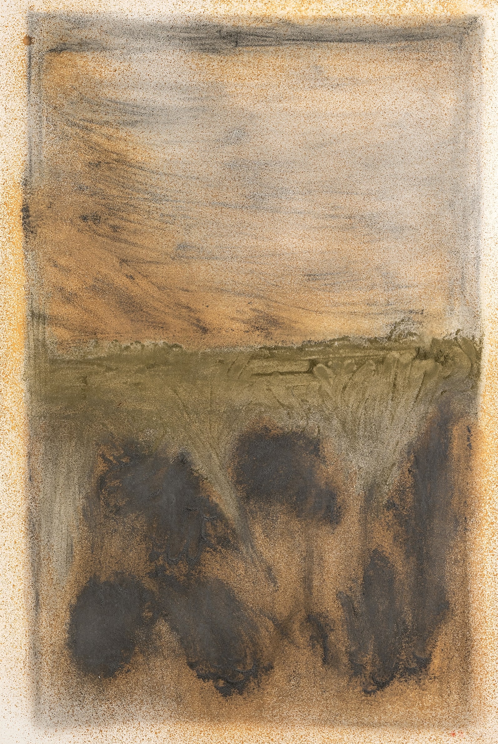 Lang, Nikolaus: Lang, Nikolaus Oberammergau, 1941 - Murnau am Staffelsee, 2022 76 x 111 cm, R. Untitled, 1998. Sand and acrylic on wove paper. Signed and dated "26 Sept. 98". Corporate collection, Germany.Lang,