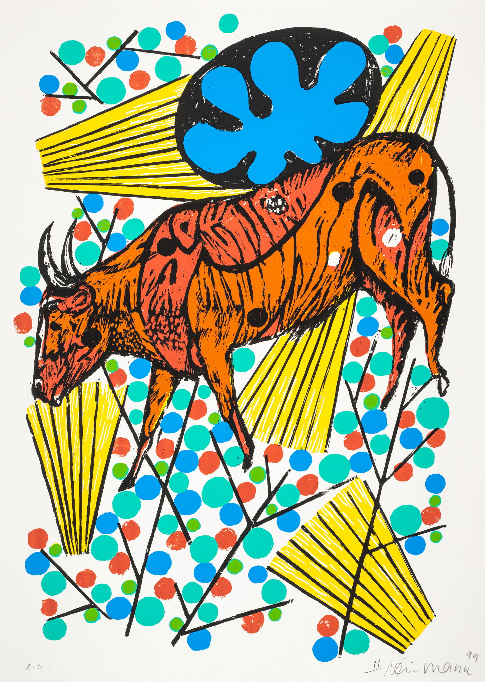 Neumann, Hartmut: Neumann, Hartmut Delmenhorst, 1954 Blattgröße: 70 x 50 cm, o. R. 14 works: Bull, 1999. Silkscreen print on wove paper. All signed and dated, 8 numbered and 6 marked "e.a.". Edition: 100