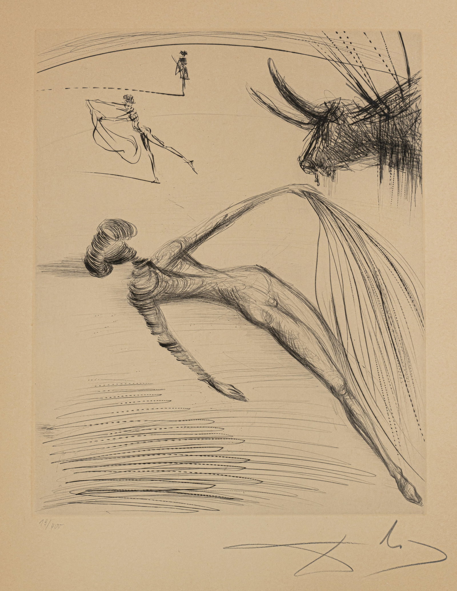 Dalí, Salvador: Dalí, Salvador Figueras, 1904 - Cadaques, 1989 39,5 x 32 cm, R. "La cogida y la muerte", 1975. Etching on wove paper. Signed in pencil lower right and numbered 13/400 lower left.