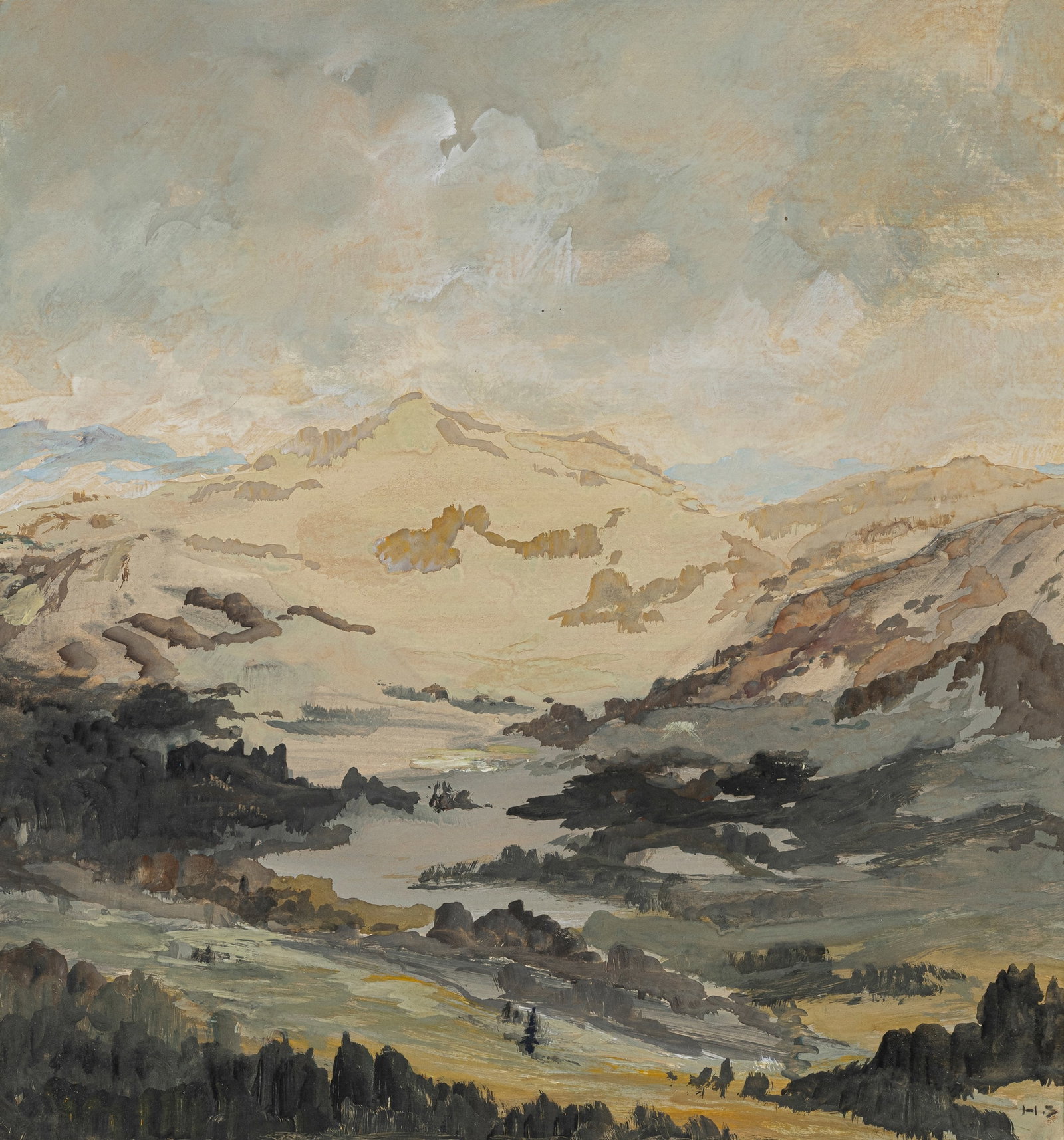 Monogrammist "H.S": Monogrammist "H.S" 33 x 31 cm, R. Mountain landscape. Gouache on paper. Monogrammed. Private property, Baden-Württemberg.Monogrammist "H.S" 33 x 31 cm, R. Berglandschaft. Gouache auf festem