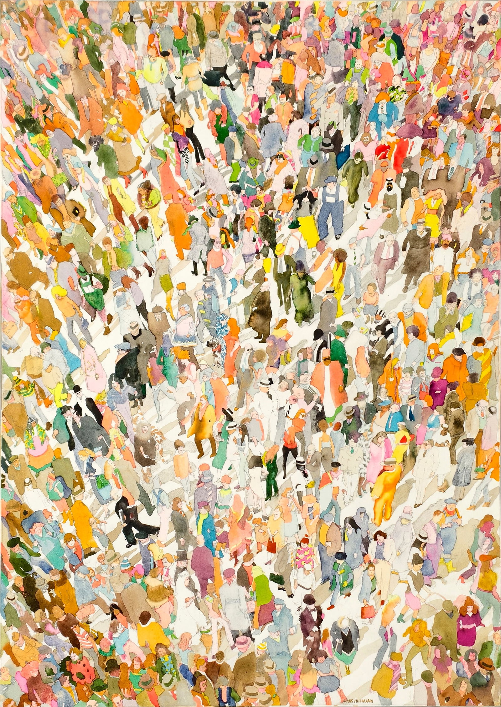 Hillmann, Hans: Hillmann, Hans Nieder-Mois/Schlesien, 1925 - Frankfurt, 2014 68 x 48,5 cm, o. R. Crowd of people, c. 1978. Pencil and watercolour on wove paper. Signed. Corporate collection, Germany.Hillmann, Hans Ni