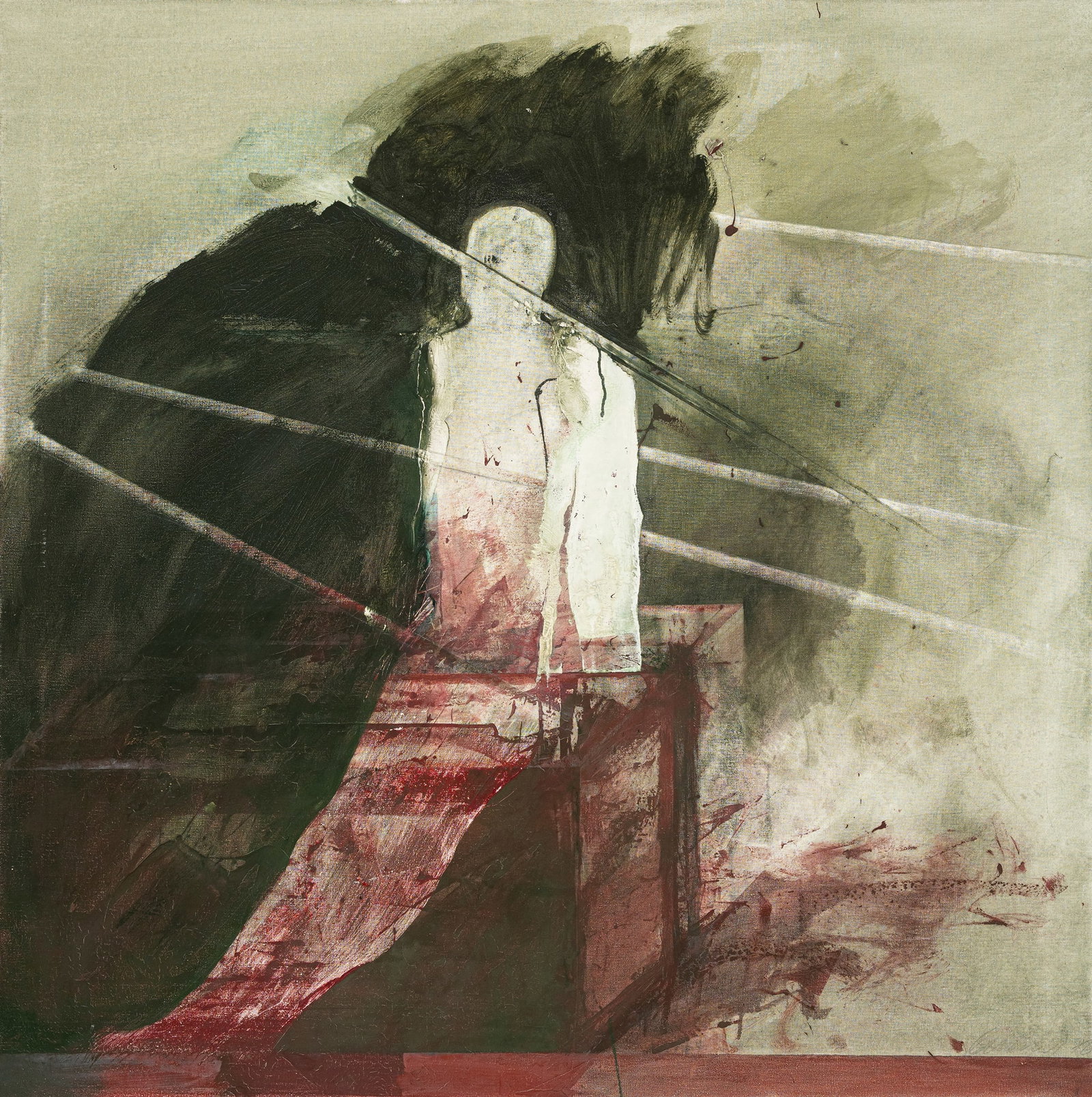 Grunert, Andreas: Grunert, Andreas Chemnitz, 1947 95 x 95 cm, R. "Merkwürdige Stille", 1976. Oil on canvas. Signed and dated. Galerie Maercklin, Stuttgart. Private property, Baden-Württemberg, acquired there