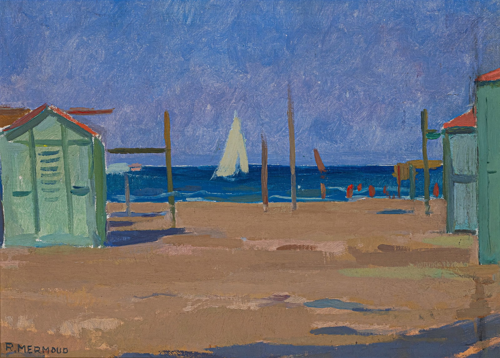 Mermoud, Robert Eugène: Mermoud, Robert Eugène Lausanne, 1899 - 1983 33,5 x 46,5 cm, R. "Plage calme aux cabines verdâtres". Oil on masonite. Signed. Private property, Baden-Württemberg.Mermoud, Robert