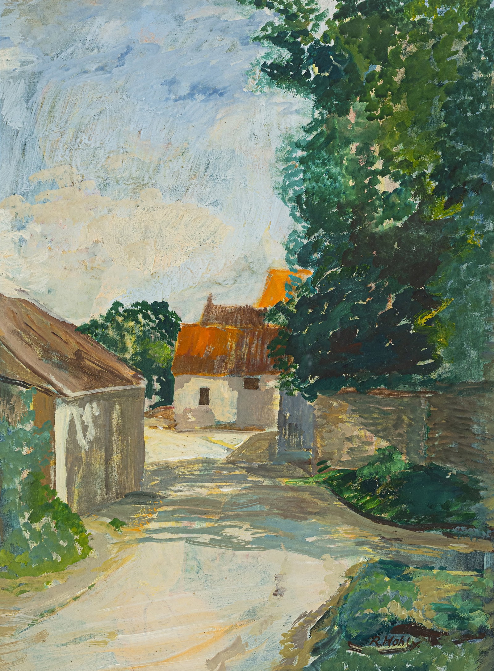 Hohly, Richard: Hohly, Richard Löwenstein/Heilbronn, 1902 - Bietigheim, 1995 53,5 x 39,5 cm, R. Village road. Gouache on paper. Signed. Private property, Baden-Württemberg.Hohly, Richard