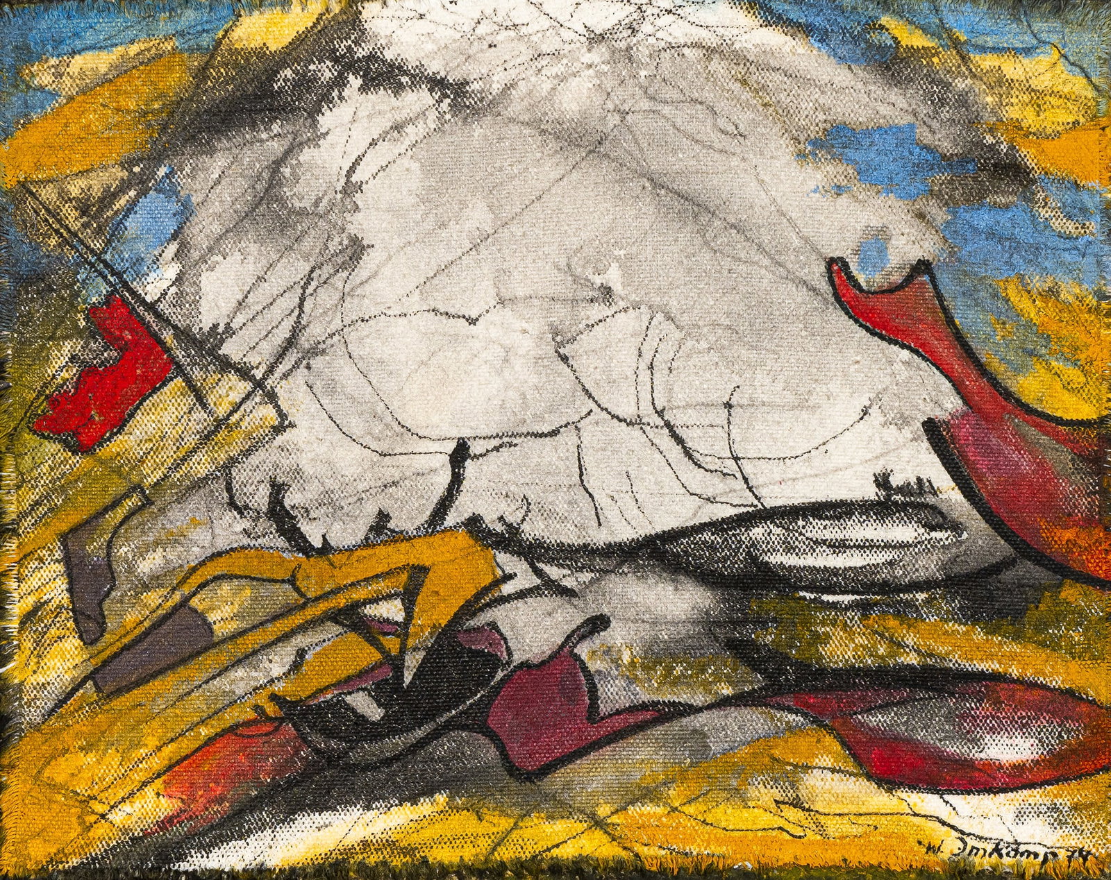 Imkamp, Wilhelm: Imkamp, Wilhelm Münster, 1906 - Stuttgart, 1990 16 x 19,5 cm, R. "Vulkan", 1974. Oil and ink on linen, mounted on cardboard. Signed and dated in ink lower right, as well as titled, dated "23. 8.