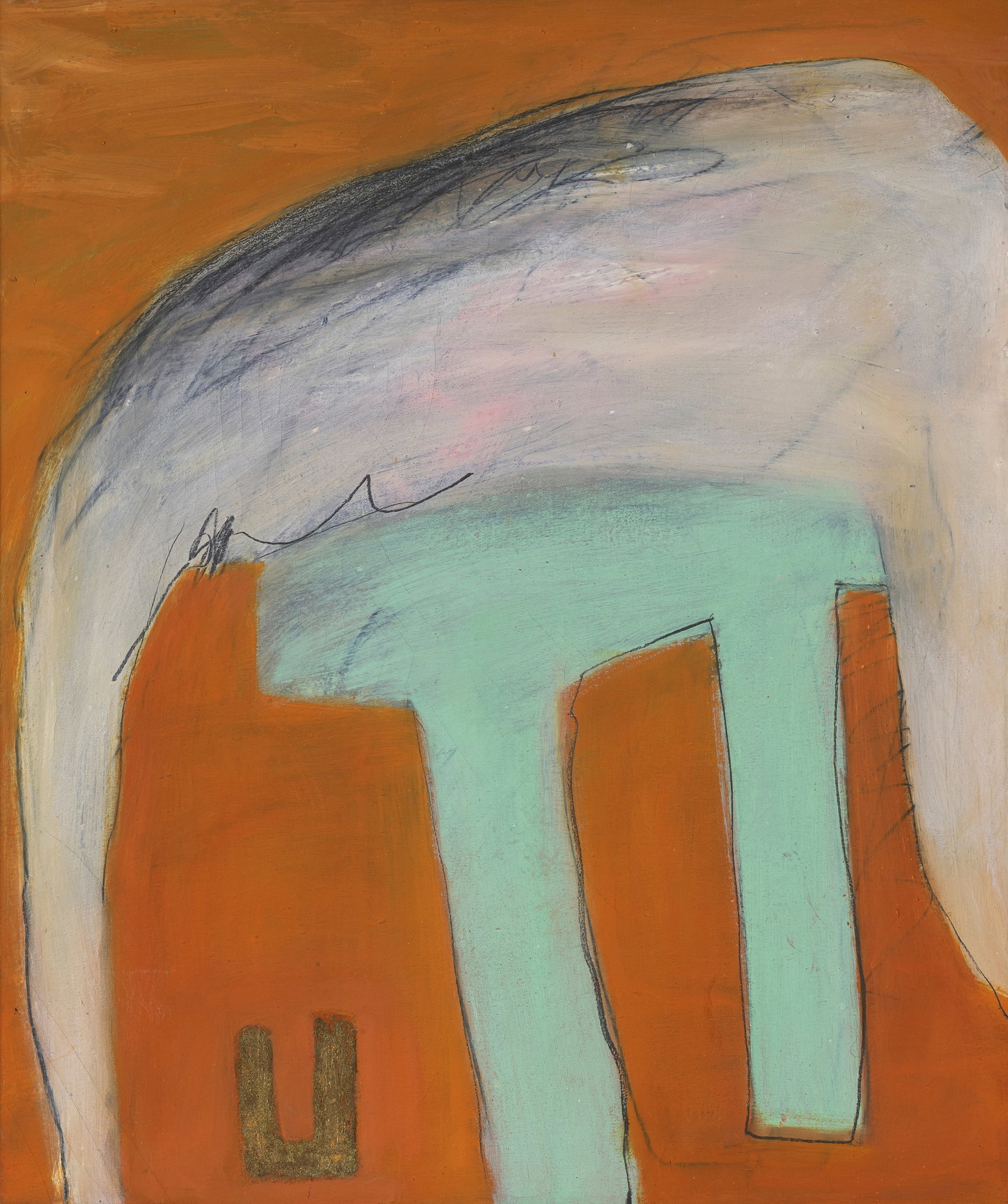 Reuter, Sabine: Reuter, Sabine Stuttgart, 1953 - 2005 61 x 51 cm, R. "Kleine Gehengte", 1989. Mixed media on canvas. Signed and dated on the reverse. Galerie Valentien, Stuttgart (reverse with gallery label).