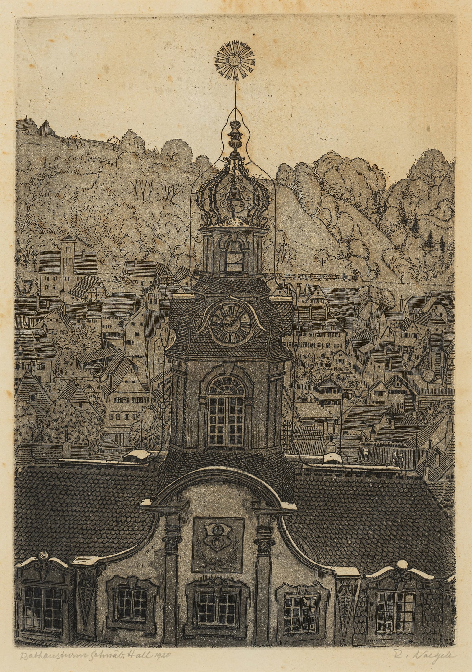 Nägele, Reinhold: Nägele, Reinhold Murrhardt 1884 - Stuttgart 1972 31 x 21,5 cm, R. "Rathaus Schwäbisch Hall", 1920. Etching on wove paper. Signed, dated and inscribed "Rathausturm Schwäb. Hall", as
