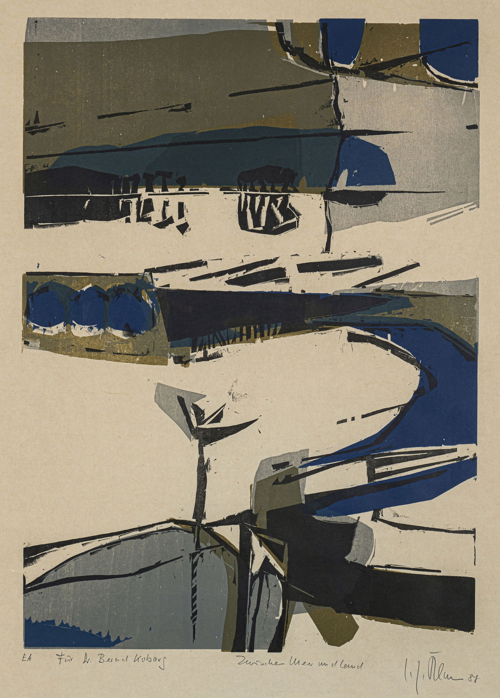 Kliemann, Carl-Heinz: Kliemann, Carl-Heinz Berlin, 1924 - 2016 53,5 x 38 cm, R. "Zwischen Meer und Land", 1987. Woodcut on Japanese paper with accompanying printing blocks. Woodcut signed, dated, marked "E.A." and with
