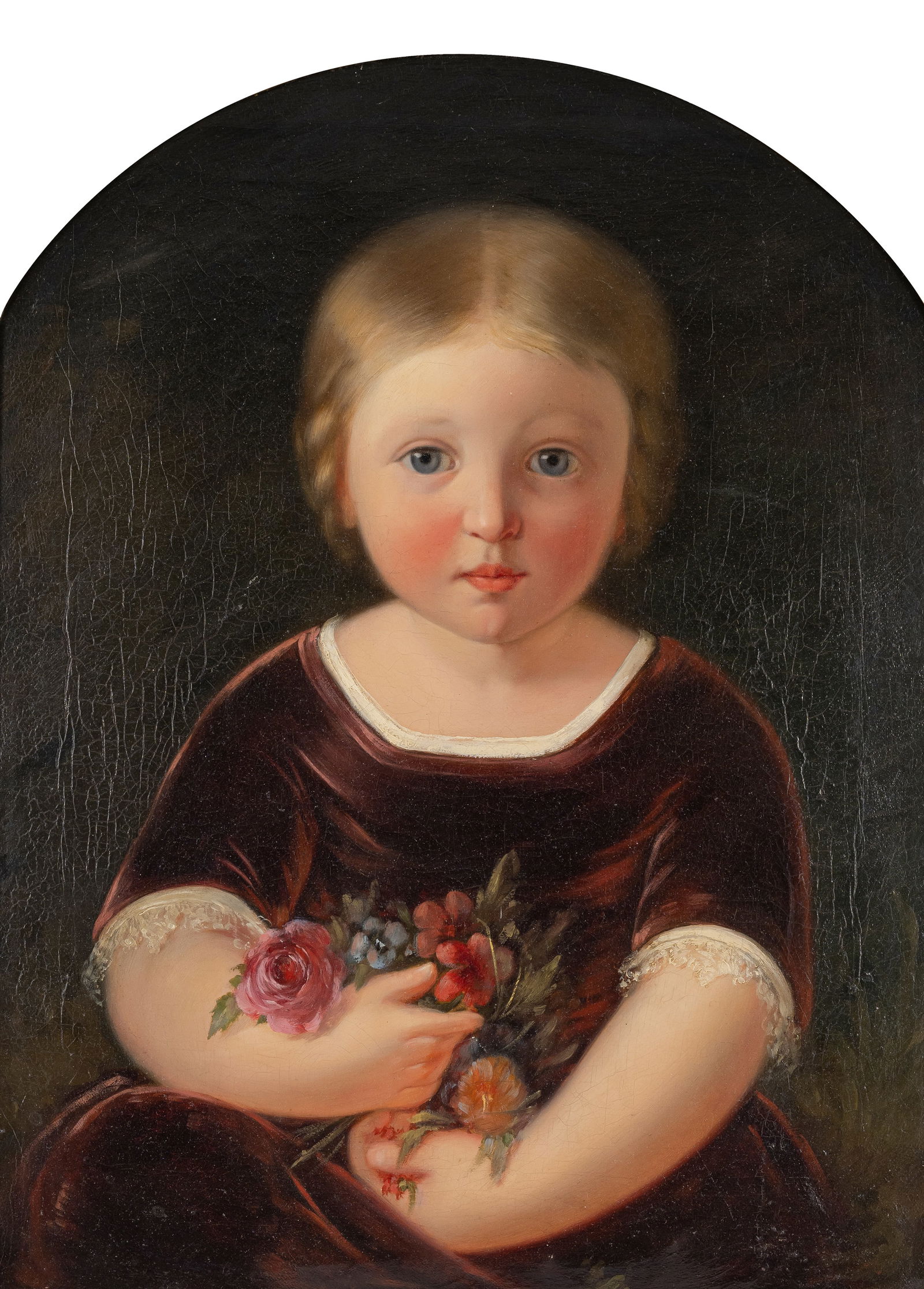 Offterdinger, C.: Offterdinger, C. 19th ct. 55 x 41 cm Portrait of a girl with flowers. Oil/canvas, verso inscribed and indistinctly dated.Offterdinger, C. 19. Jhdt. 55 x 41 cm Bildnis eines Mädchens mit Blumen