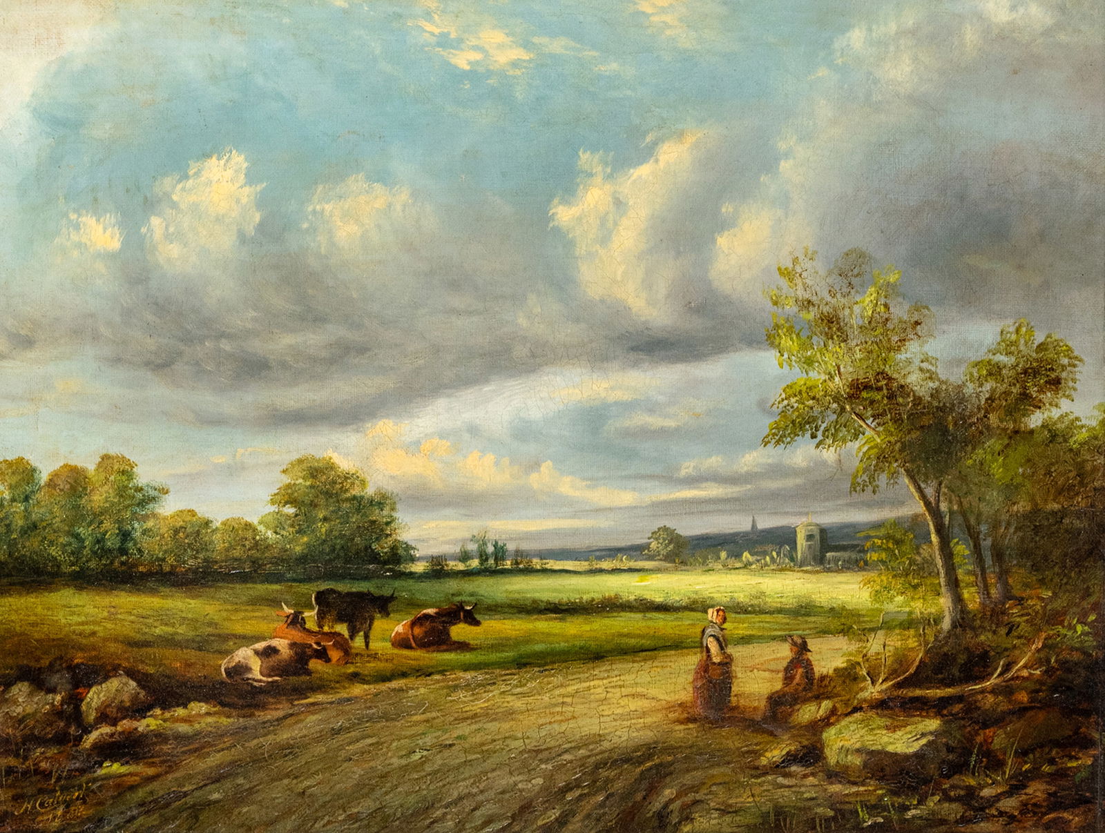 Calvert, Henry (attr.): Calvert, Henry (attr.) 1798 - 1869 33 x 43 cm Extensive landscape with peasants and cattle. Oil/canvas, inscribed. Traces due to age, rest.Calvert, Henry (attr.) 1798 - 1869 33 x 43 cm Weite
