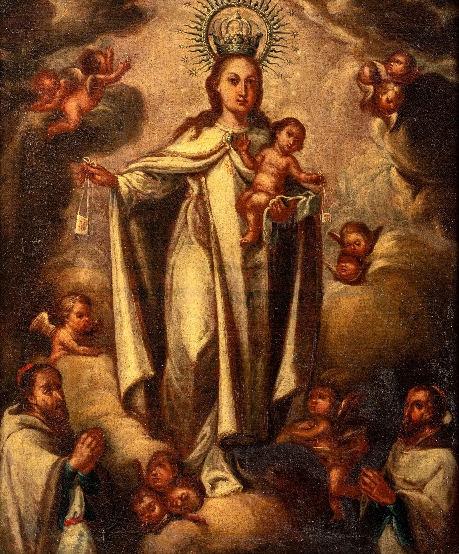 Spain: Spain 18/19th ct. 63 x 52 cm The Virgin of Mercy. Traces due to age, rest.Spanien 18./19. Jhdt. 63 x 52 cm Die Madonna der Barmherzigkeit. Öl/Lwd., doubl. Alterspp., rest.