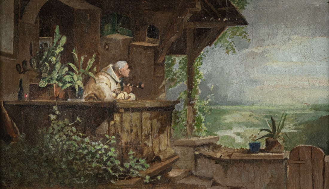 Spitzweg, Carl (after): Spitzweg, Carl (after) 1808 - 1885 18 x 30 cm Suspicious smoke. Oil/canvas. Traces due to age.Spitzweg, Carl (nach) 1808 - 1885 18 x 30 cm Verdächtiger Rauch. Öl/Lwd. Altersspuren.
