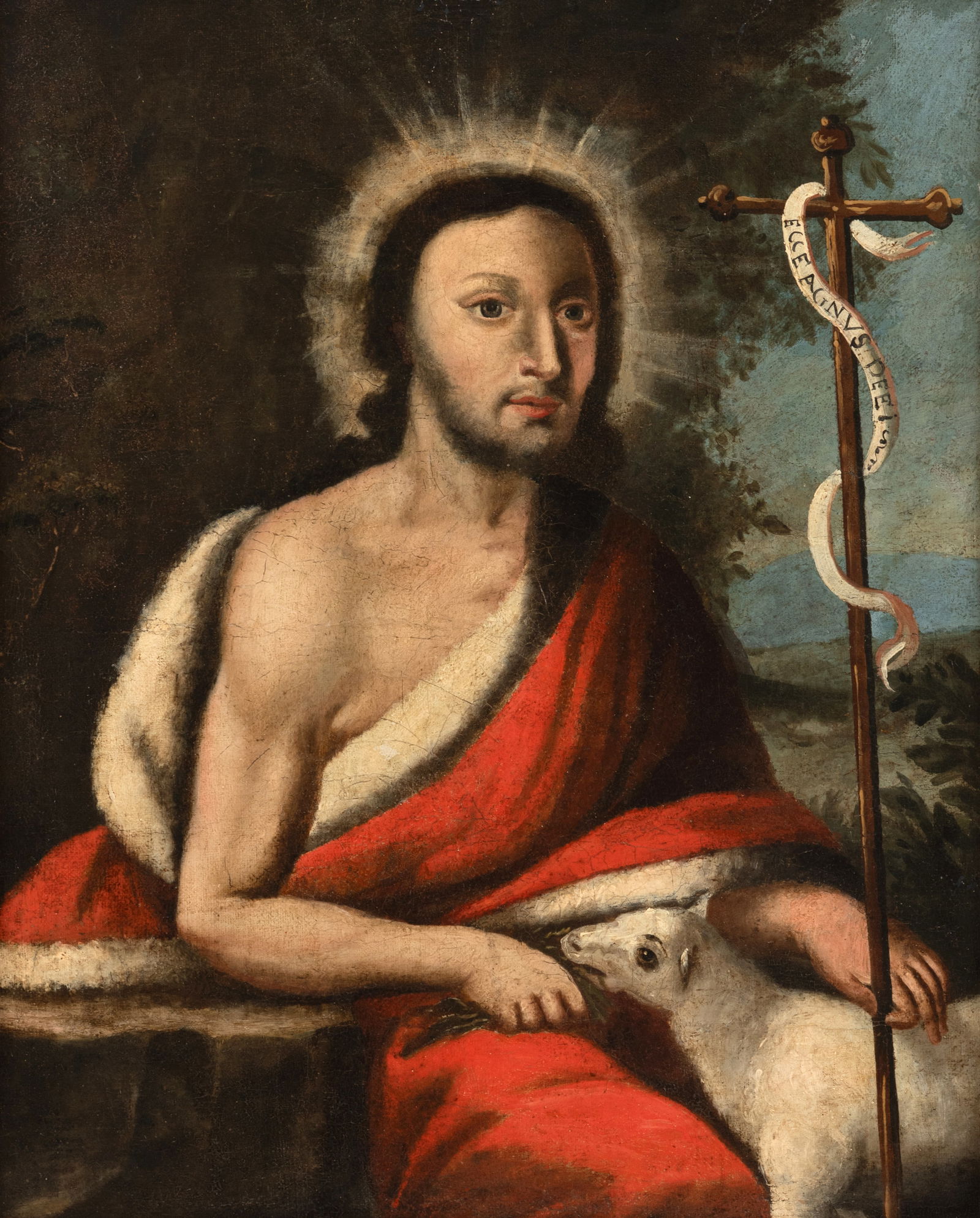 Religious Painter: Religious Painter Probably 18th ct. 49,5 x 40 cm St. John the Baptist with the lamb. Oil/canvas, relined.Heiligenmaler Wohl 18. Jhdt. 49,5 x 40 cm Johannes der Täufer mit dem Lamm. Öl/Lwd.,