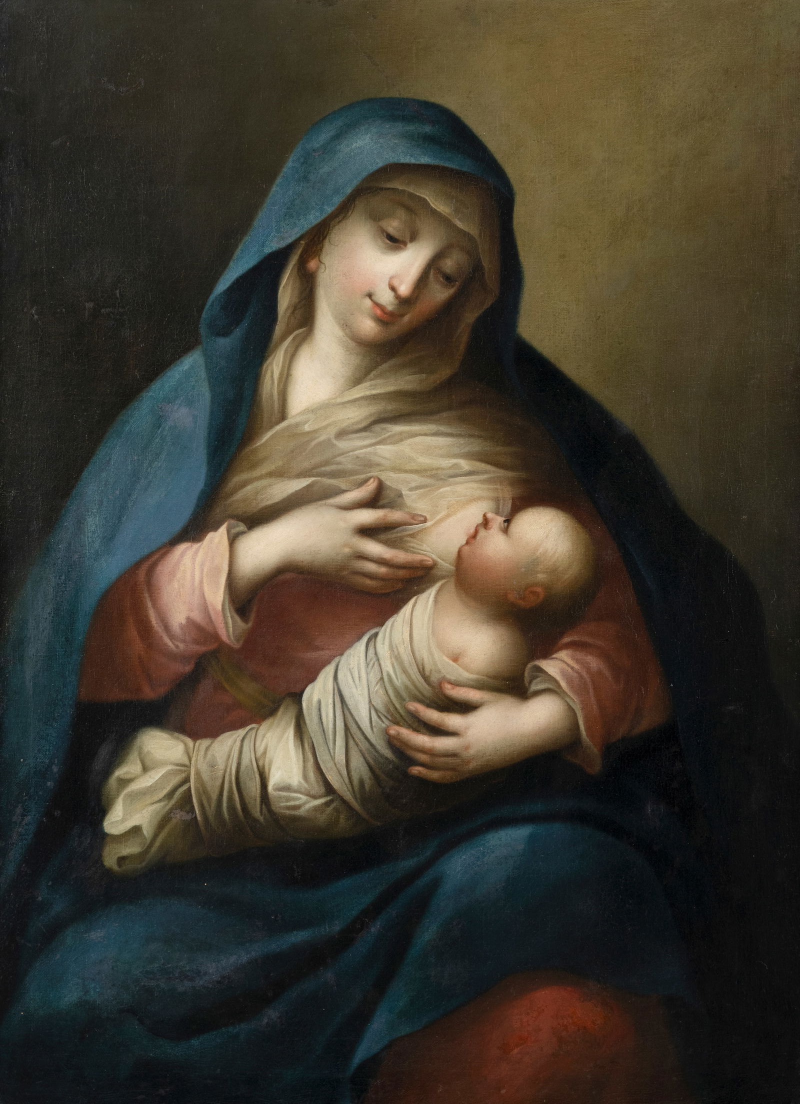Italy: Italy 18th ct. 107 x 77 cm The Virgin nursing the Child. Oil/canvas/panel. Southern German private collection.Italien 18. Jhdt. 107 x 77 cm Die Madonna säugt den Christusknaben.