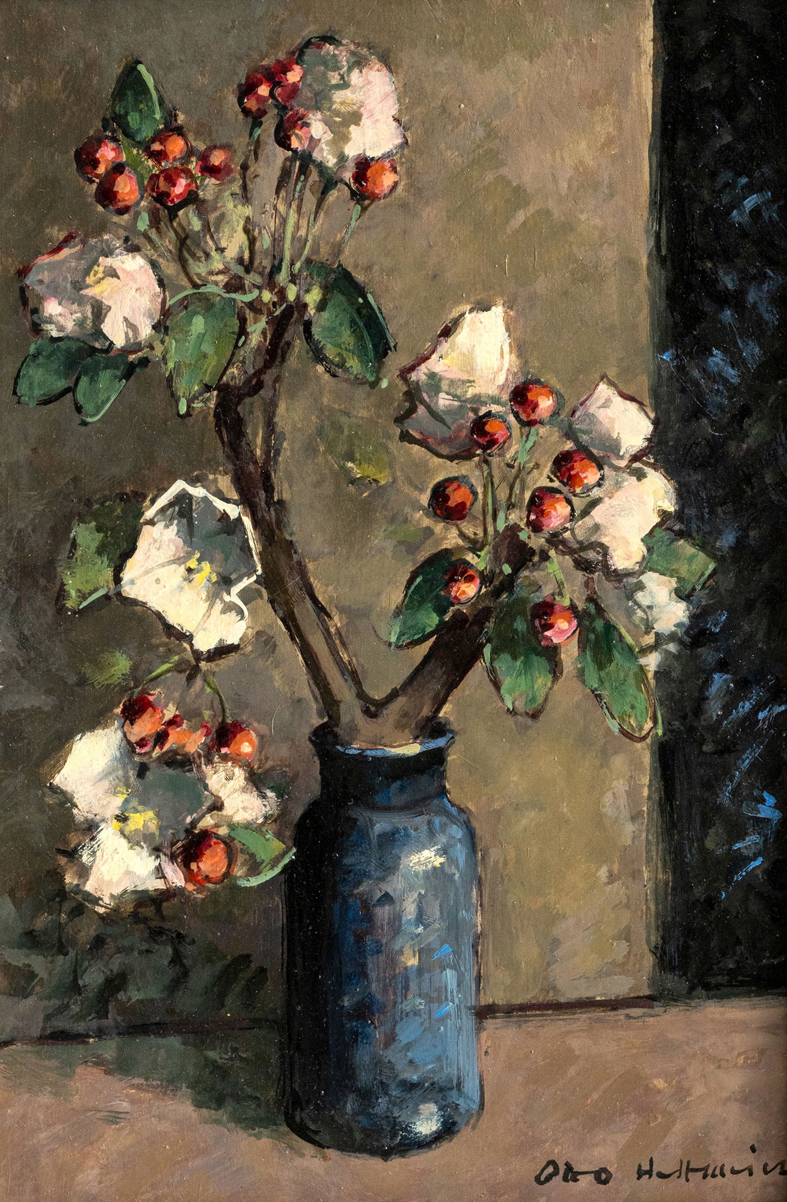 Hellmeier, Otto: Hellmeier, Otto 1908 - 1996 30 x 20 cm Still life with an apple branch. Oil/panel, signed.Hellmeier, Otto 1908 - 1996 30 x 20 cm "Apfelzweig". Öl/Holz, signiert.