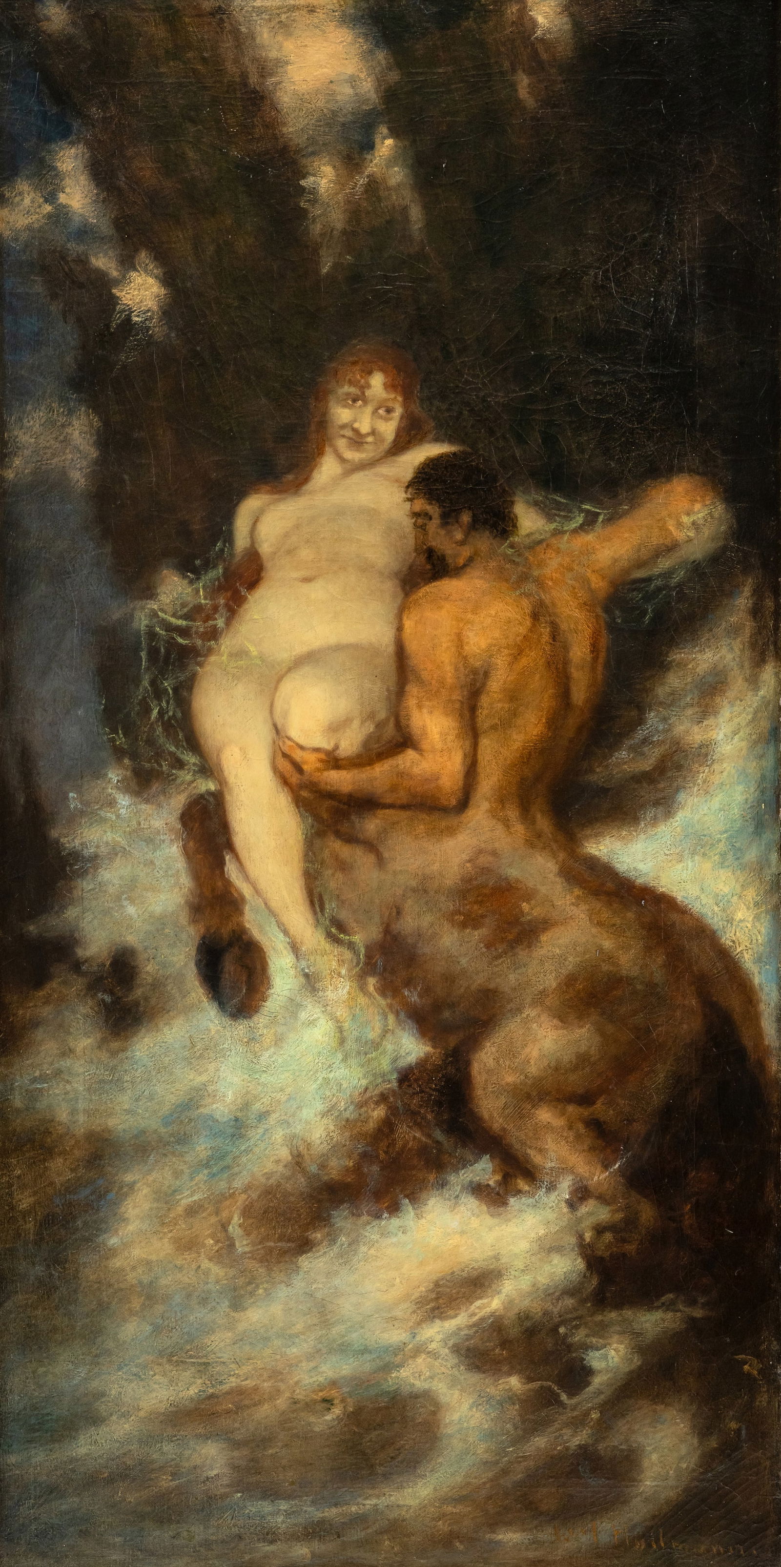 Hollmann, Carl: Hollmann, Carl 1863 - 1942 97 x 59 cm Triton and Nereid. Oil/canvas, signed.Hollmann, Carl 1863 - 1942 97 x 59 cm Triton und Nereide. Öl/Lwd., signiert.